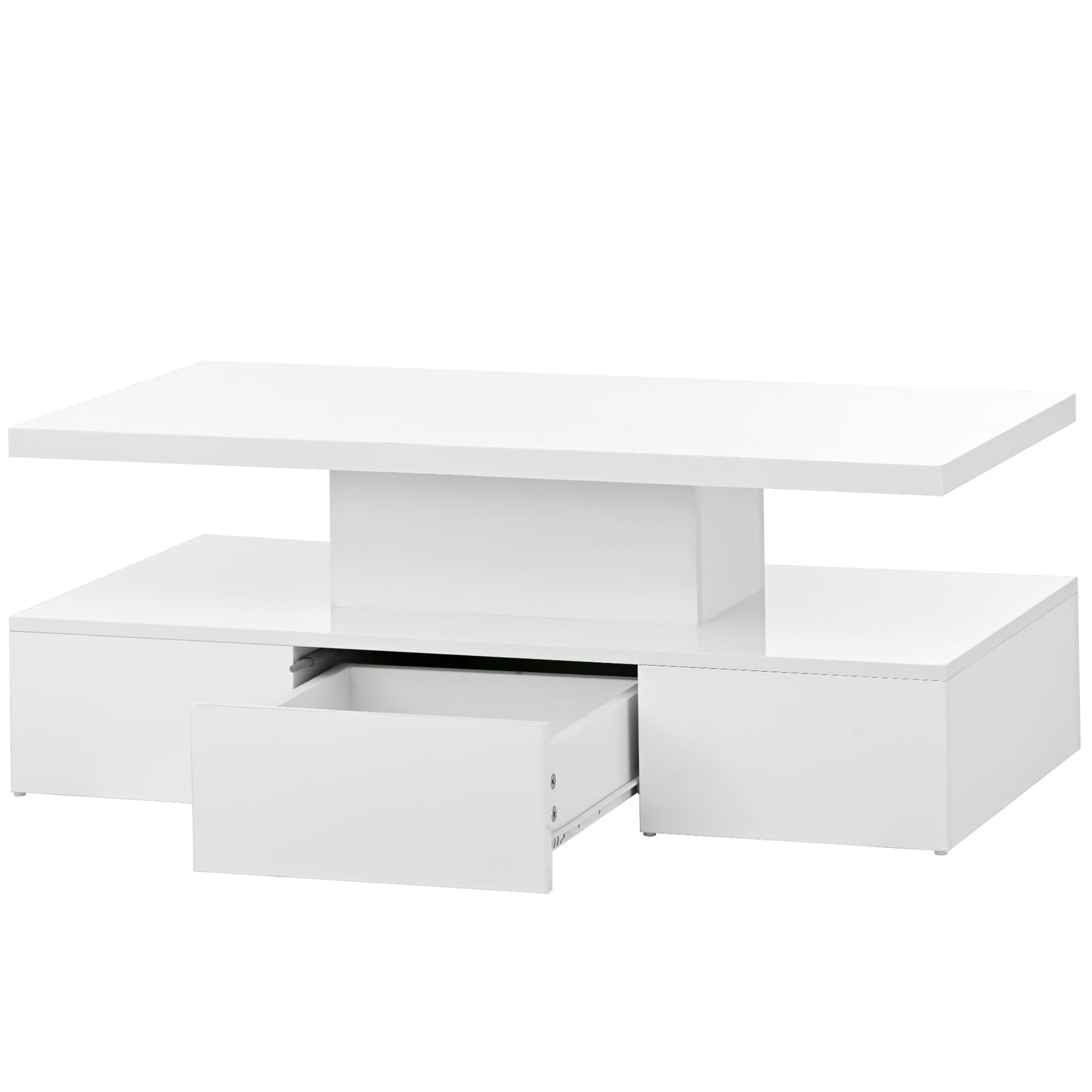 Modern Glossy Coffee Table With Drawer, 2-Tier Rectangle Center Table with LED lighting for Living room, 39.3''x19.6''x15.3'', White