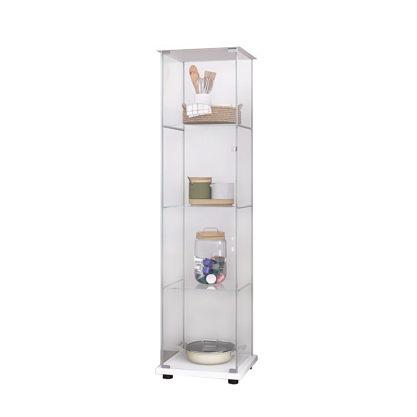 Glass Cabinet-b      Glass Display Cabinet 4 Shelves with Door, Floor Standing Curio Bookshelf for Living Room Bedroom Office, 64.7"*16.7"*14.3", White