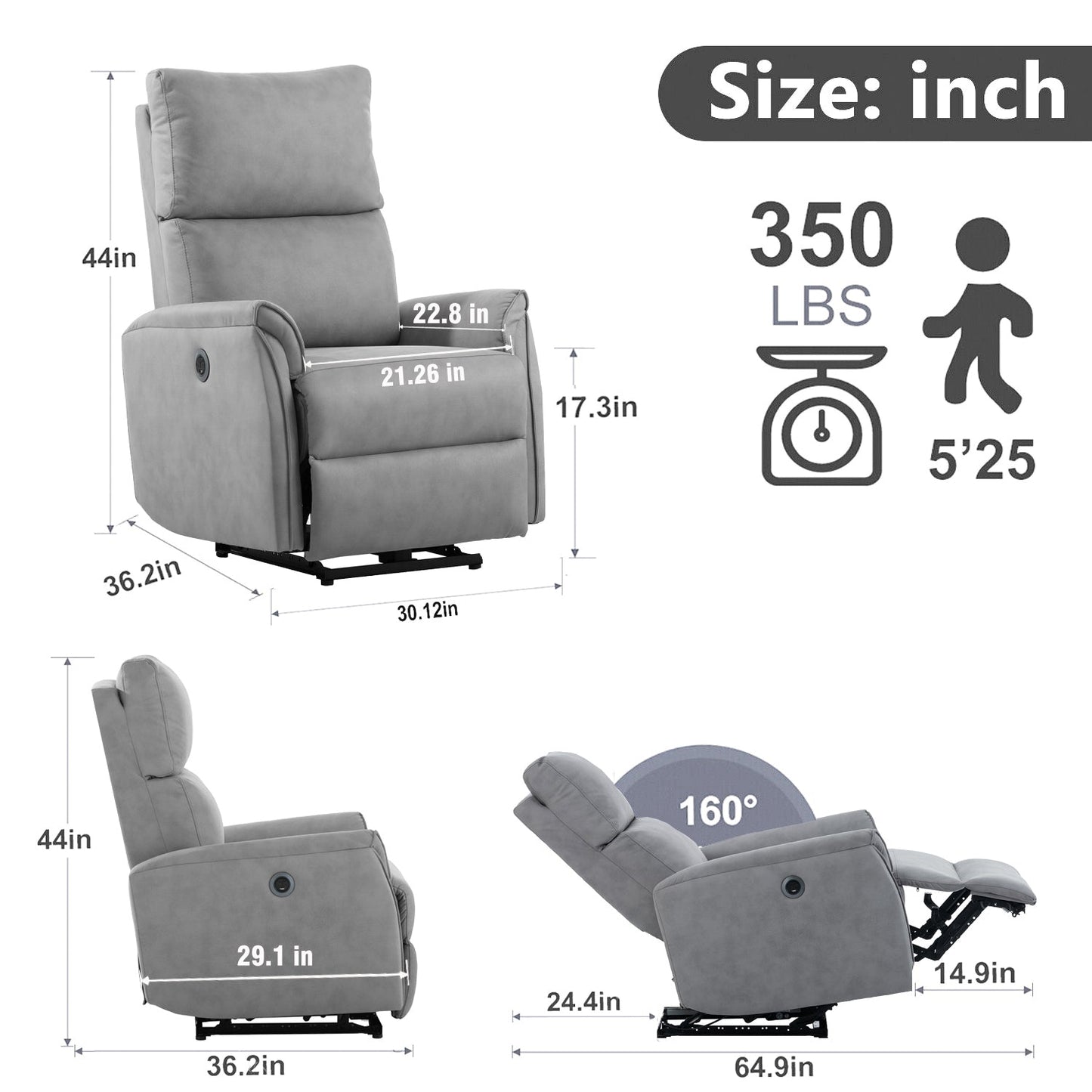 Electric Power Recliner Chair,Upholstered Foam Lounge Single Sofa,Reclining Chair with USB Charging Ports,Home Theater Seating, Living Room Bedroom, Gray