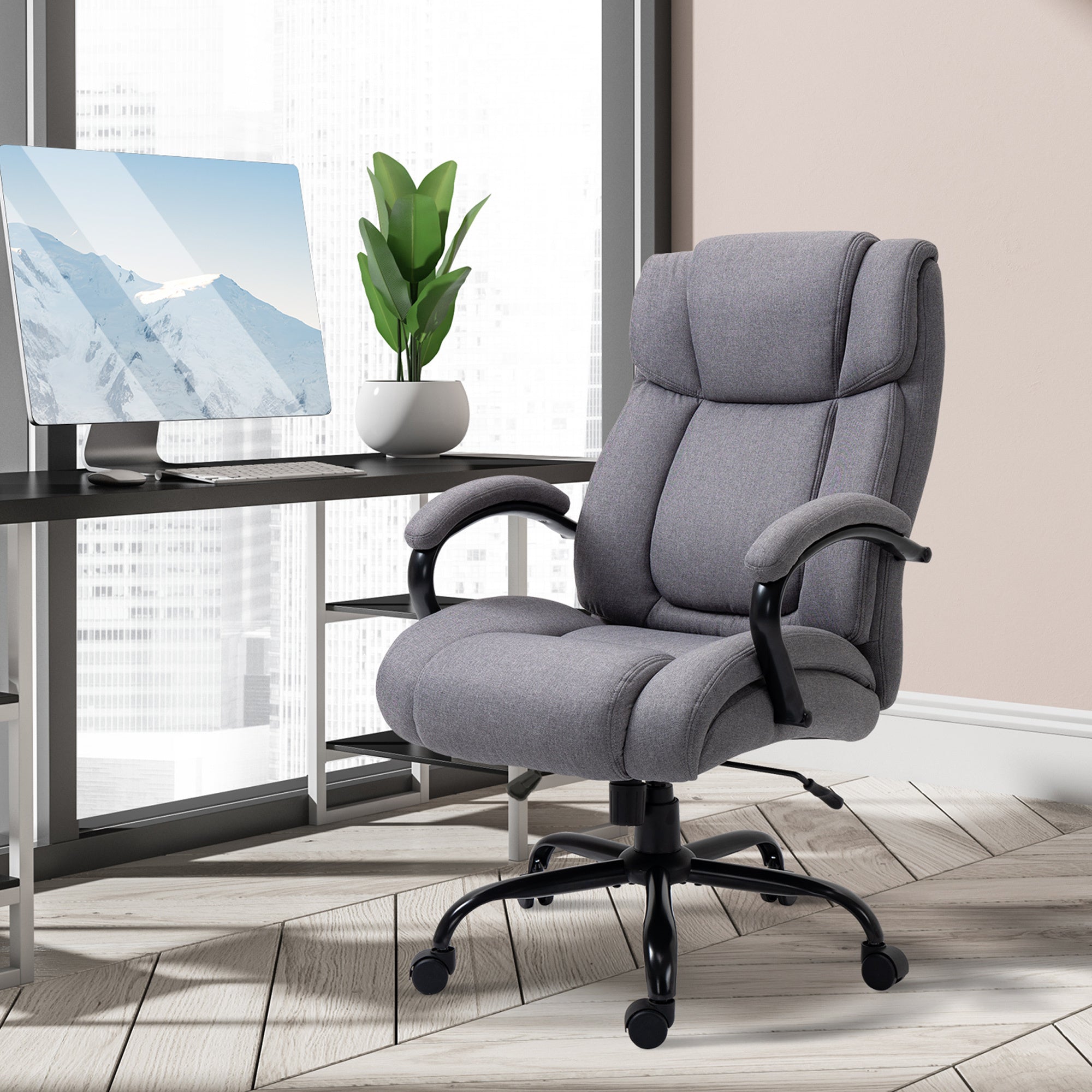 High Back Big and Tall Executive Office Chair 484lbs with Wide Seat, Computer Desk Chair with Linen Fabric, Adjustable Height, Swivel Wheels, Light Grey