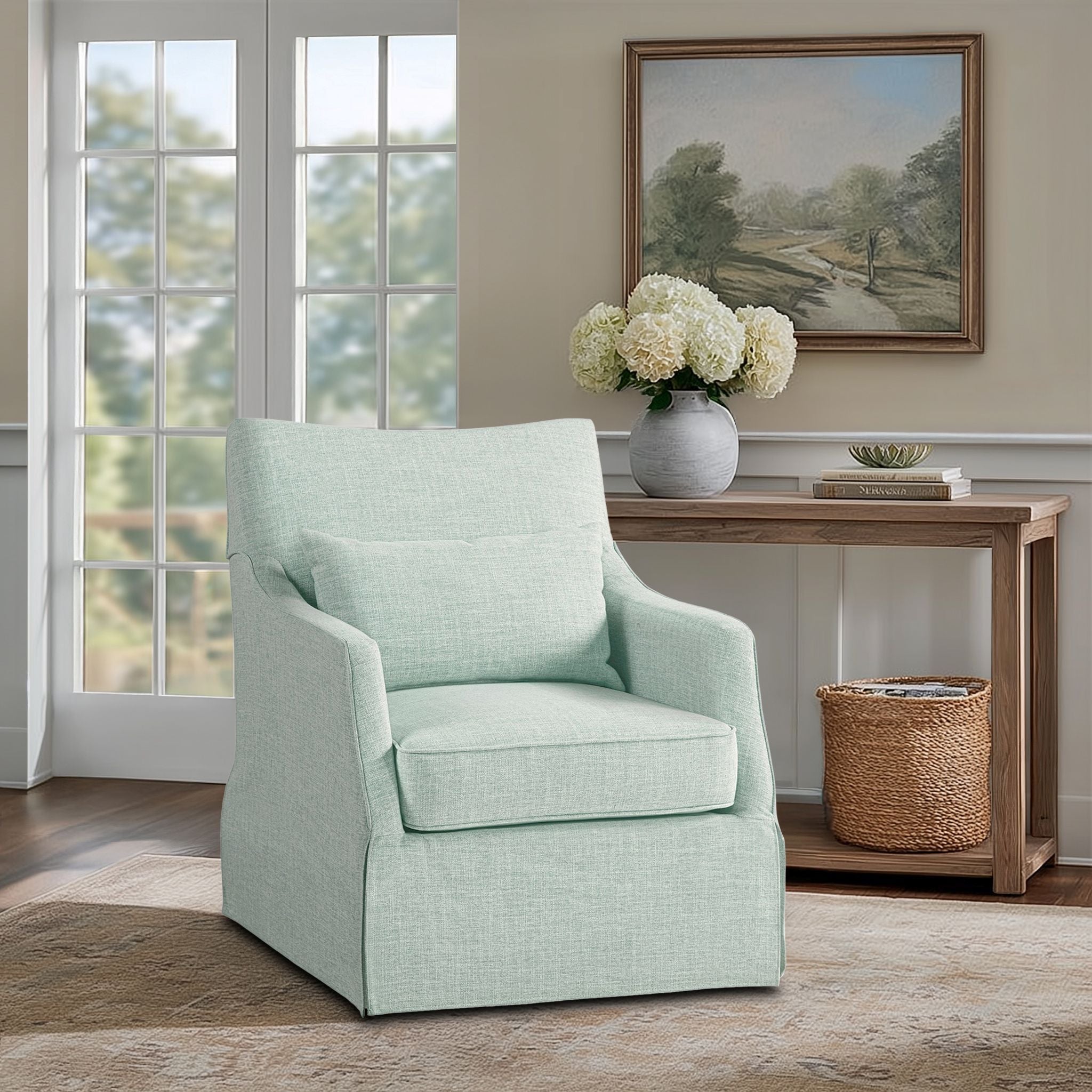 London - Upholstered Skirted Swivel Armchair With Lumbar Pillow - Mint
