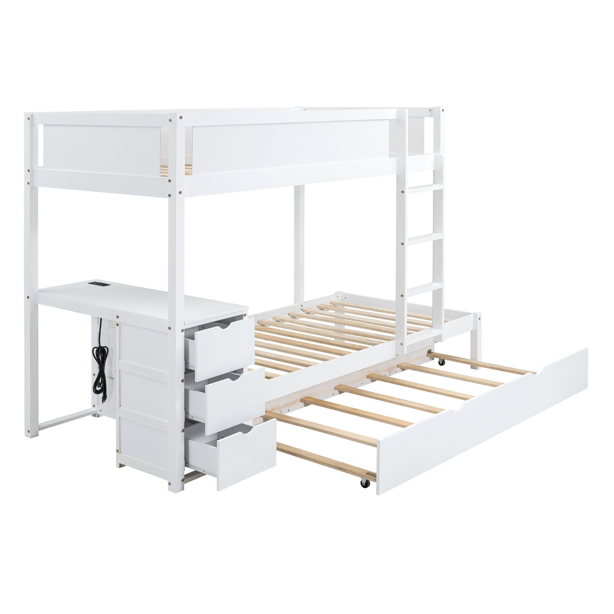 Twin-Over-Twin Bunk Bed with Twin size Trundle, Storage and Desk, White