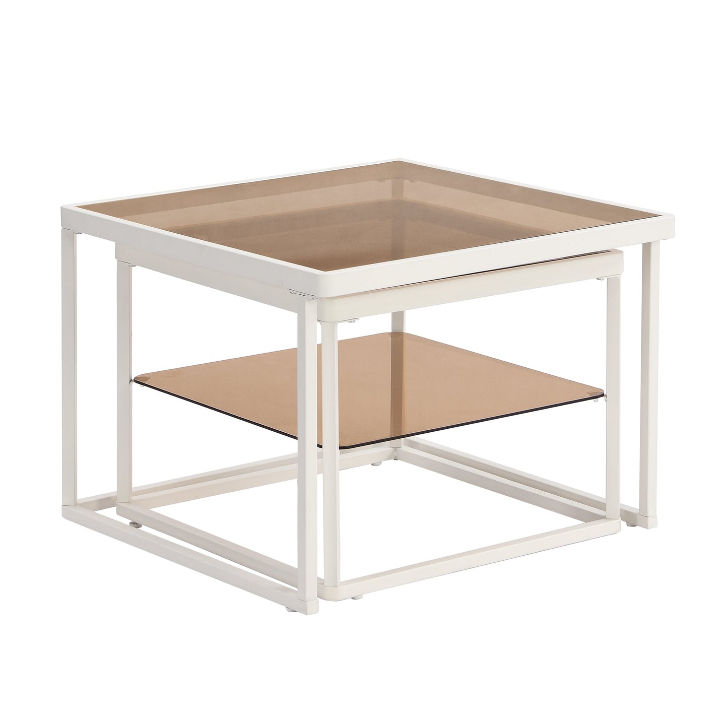Modern Nested Coffee Table Set with High-low Combination Design, Brown Tempered Glass Cocktail Table with Metal Frame, Length Adjustable 2-Tier Center&End Table for Living Room, White