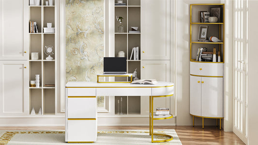 Modern 60'' Executive Desk and 74.8"Tall Corner Bookshelf Suite,Curved Computer Desk with Metal Legs,Fan-Shaped and Wooden Standing bookcase with Drawer,Doors for Home Office,Living Room,Gold+White