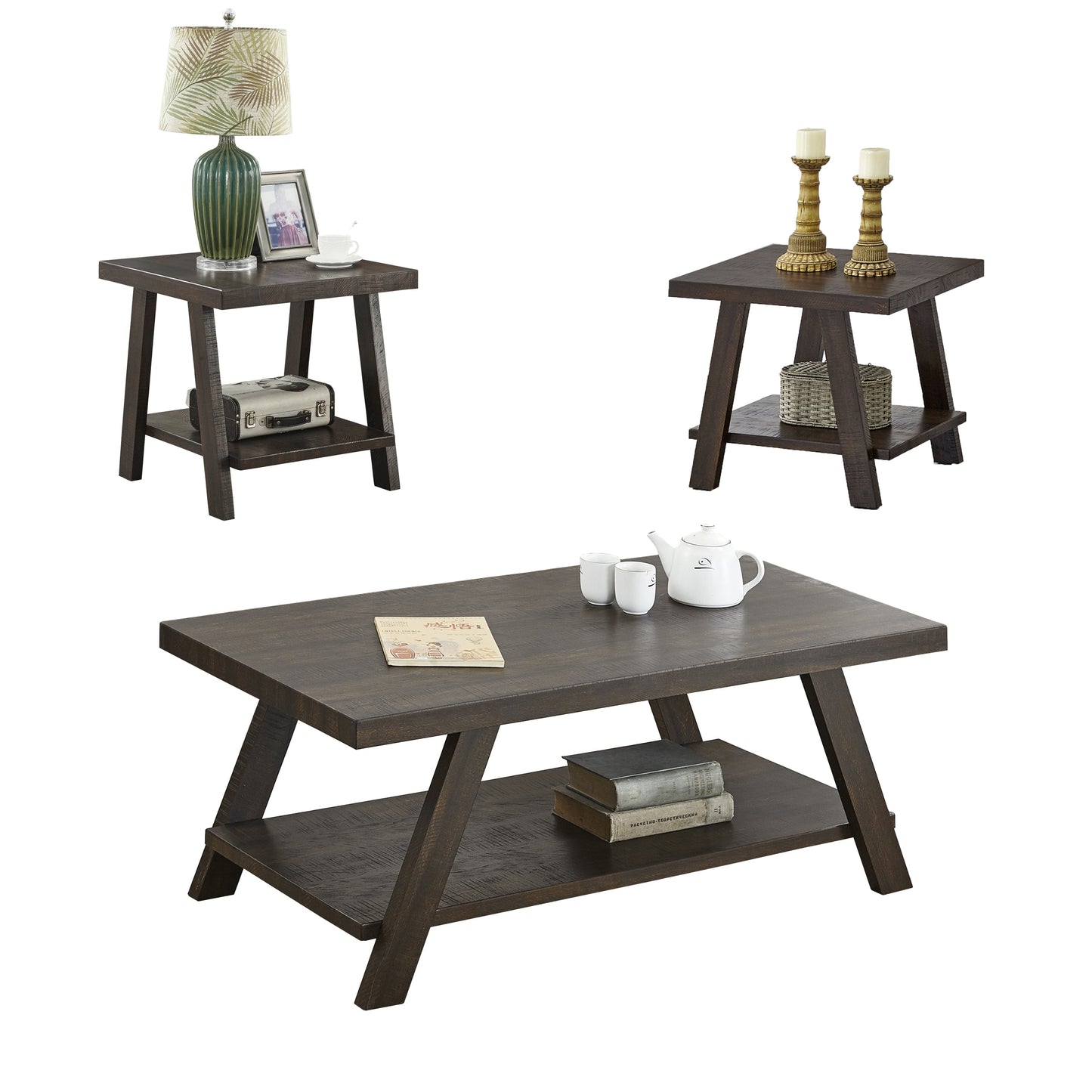 Athens Contemporary 3-Piece Wood Shelf Coffee Table Set in Weathered Espresso