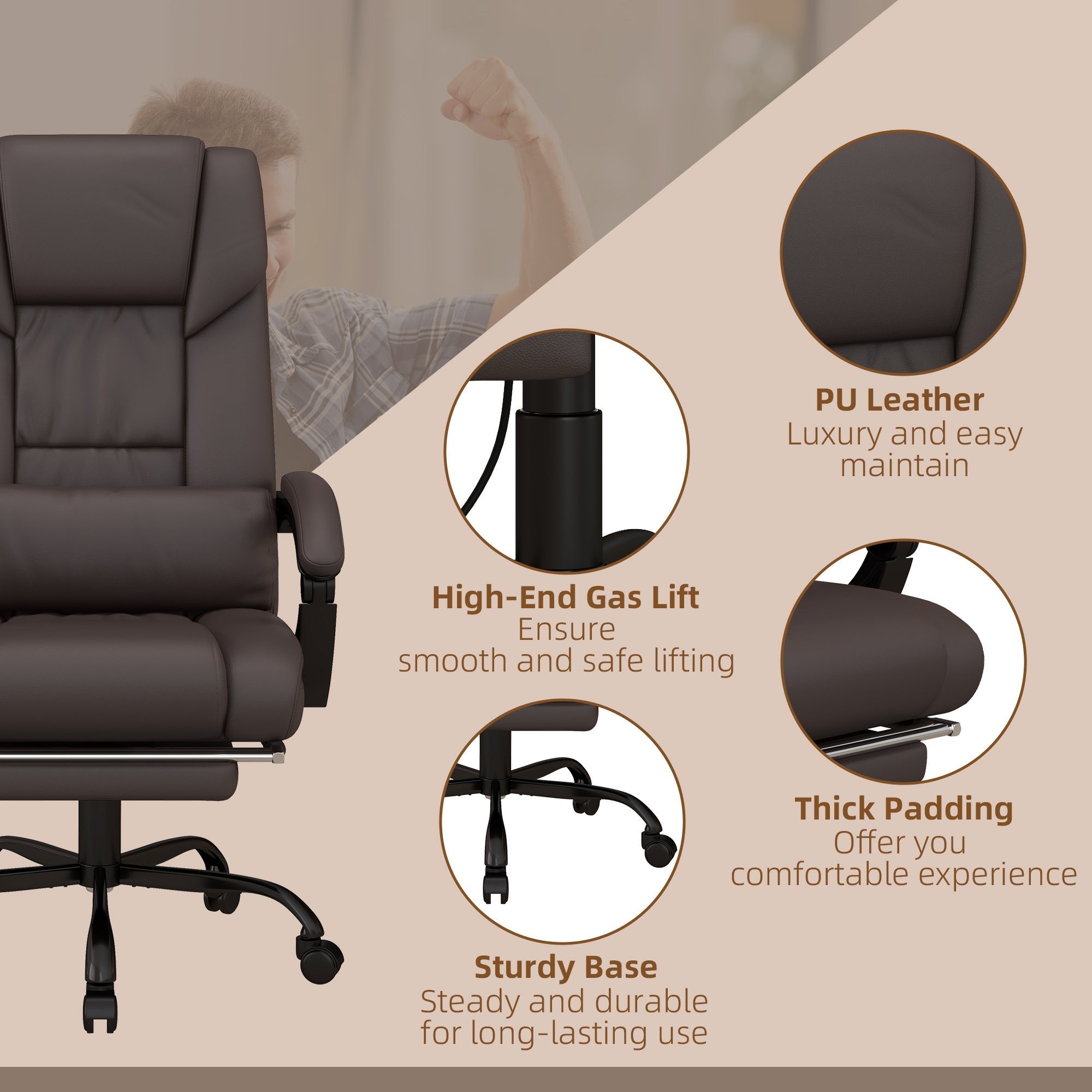 High Back Vibration Massage Office Chair with 6 Points, Hight Adjustable Computer Desk Chair, Reclining Office Chair with Retractable Footrest and Remote, Brown