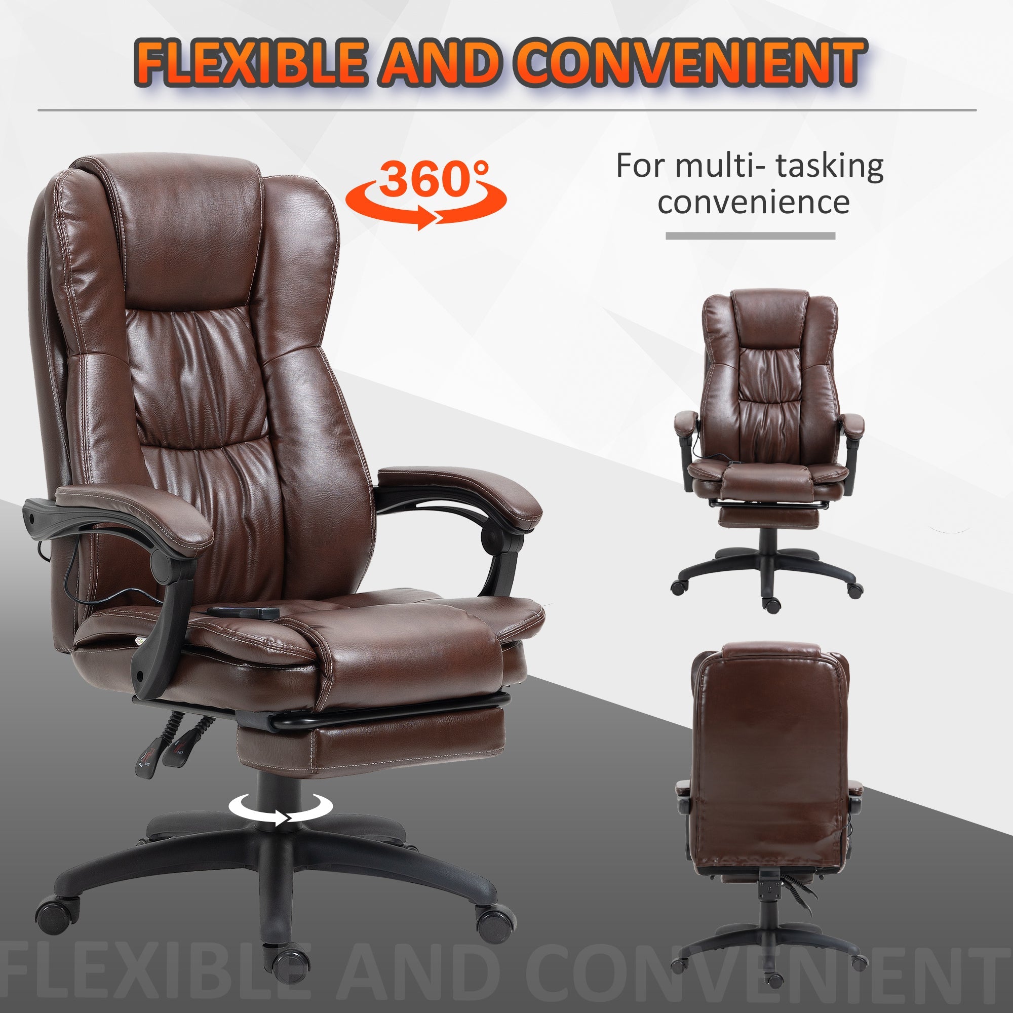 High Back Massage Office Chair with 6-Point Vibration, 5 Modes, Executive Chair, PU Leather Swivel Chair with Reclining Back, and Retractable Footrest, Brown