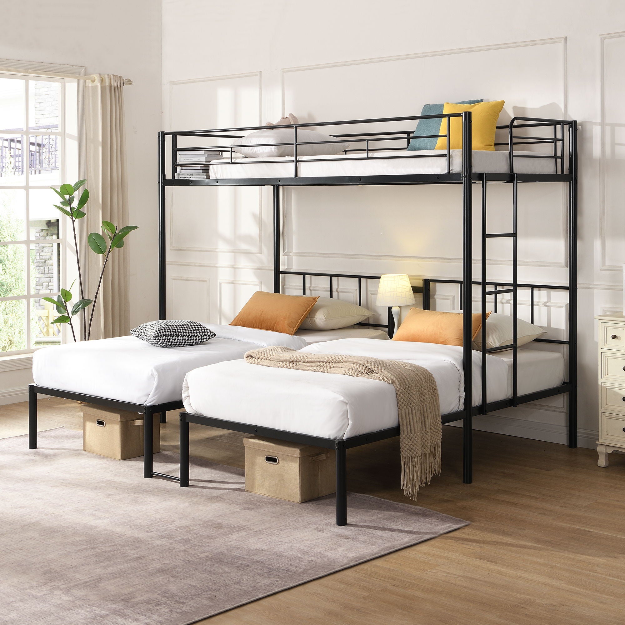 Twin Over Twin Over Twin Triple Bunk Bed With Safety Rails And Storage Shelf - Black