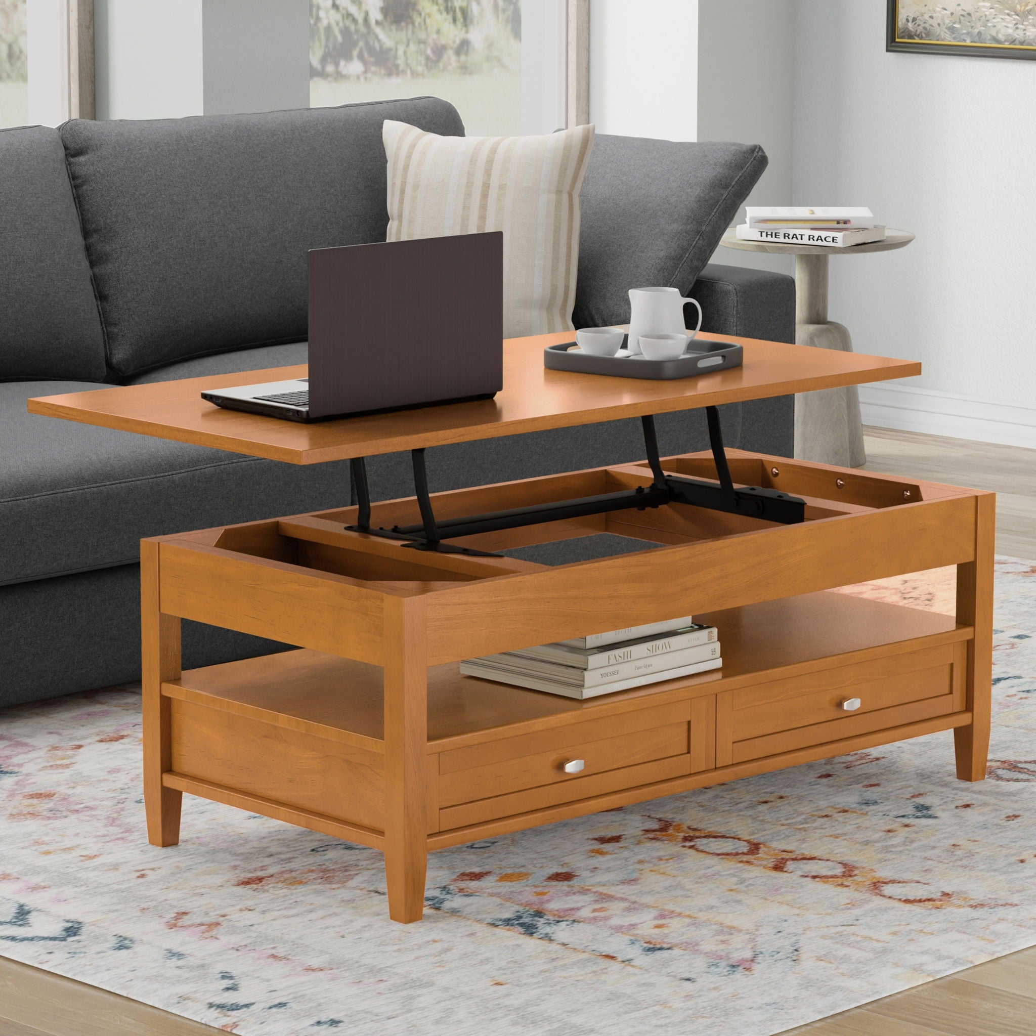 Warm Shaker - Lift Top Coffee Table With Hidden Storage And Lift Top Functionality - Brown