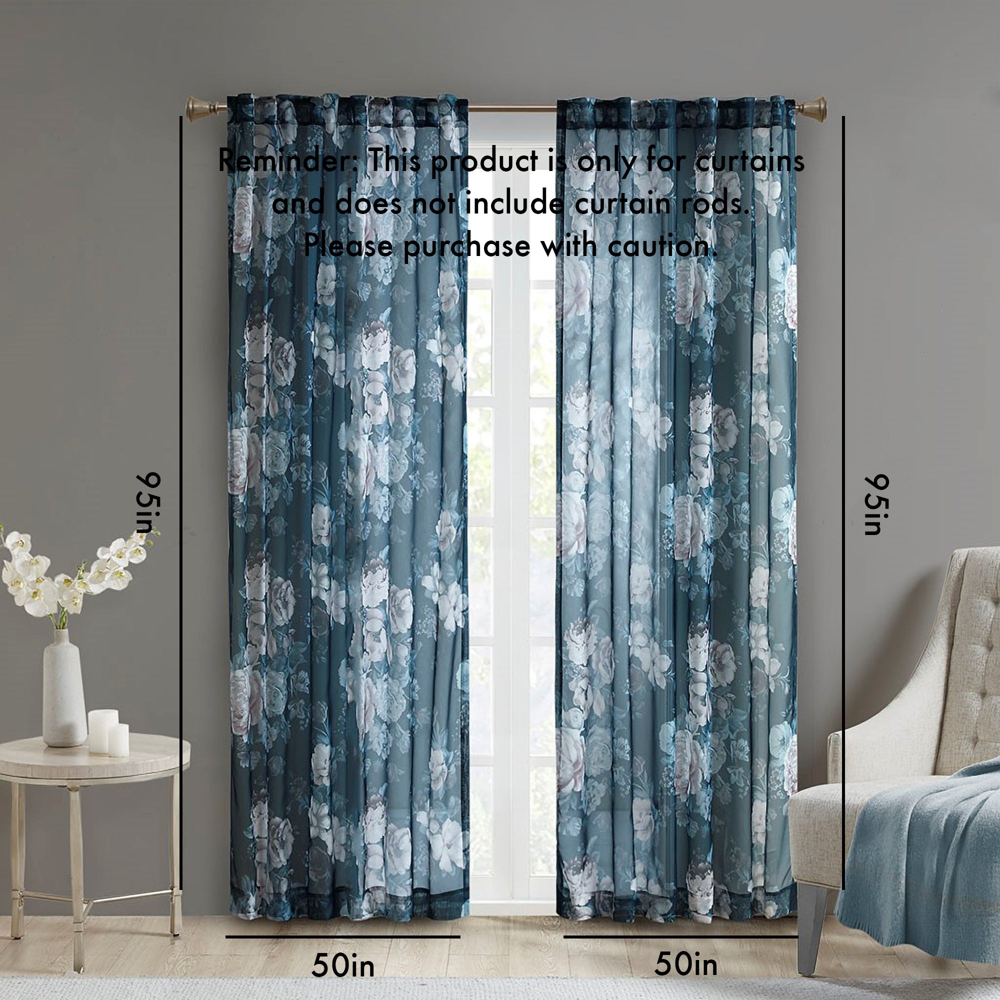 Printed Floral Rod Pocket and Back Tab Voile Sheer Curtain