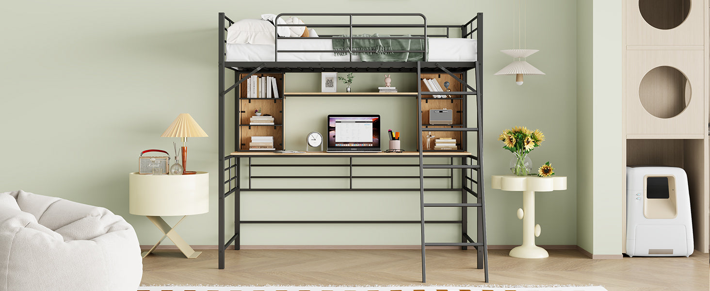 Twin Size Loft Bed with Desk and Shelf , Loft Bed with Ladder,Twin,Black