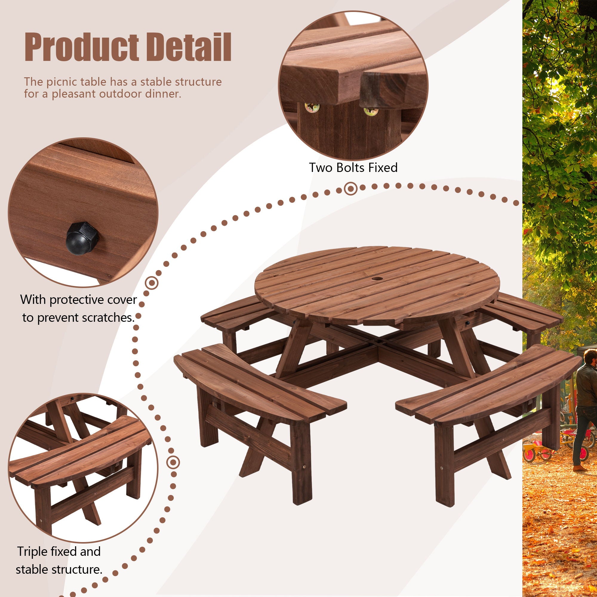 8 Person Wooden Picnic Table, Outdoor Camping Dining Table With Seat, Garden, Diy With 4 Built-In Benches, 2220Lb Capacity