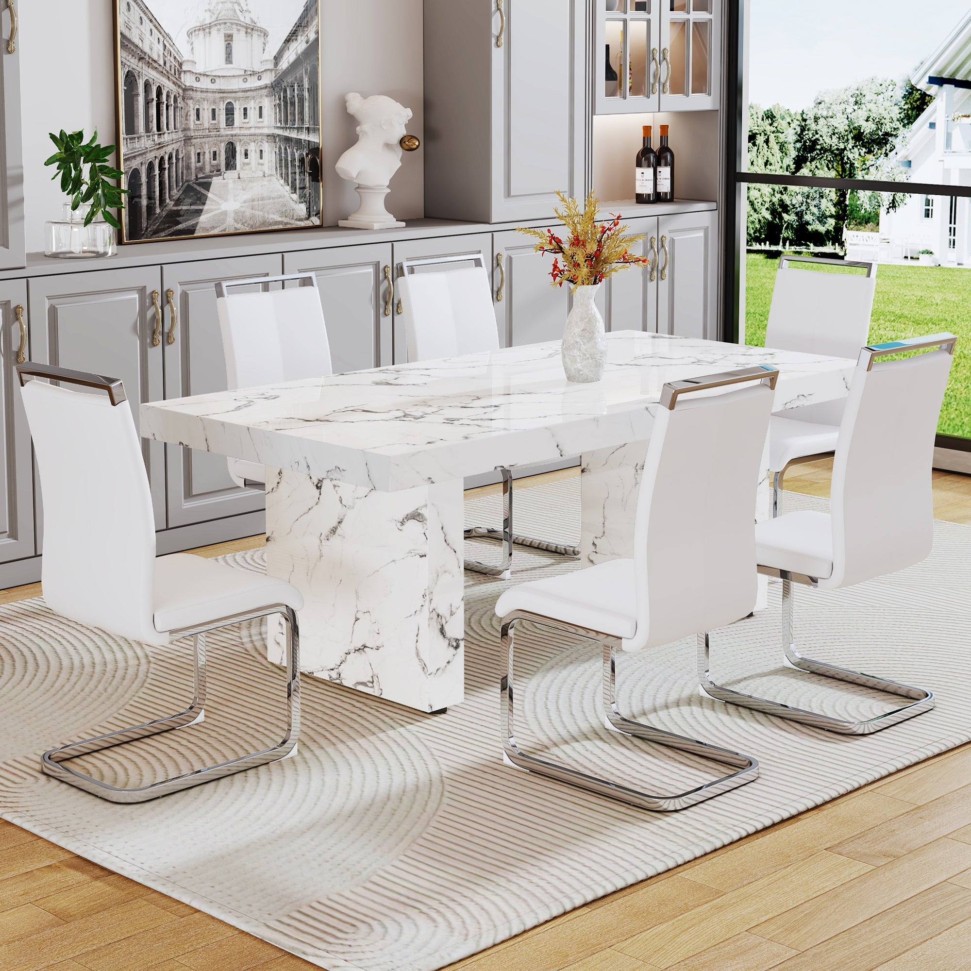 Modern rectangular dining table, office desk. MDF material. The white kitchen dining table has patterns and is suitable for 8-10 people.