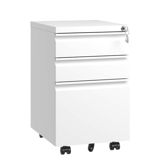 3 Drawer Mobile File Cabinet with Lock,Metal Filing Cabinets for Home Office Organizer Letters/Legal/A4,Fully Assembled,White