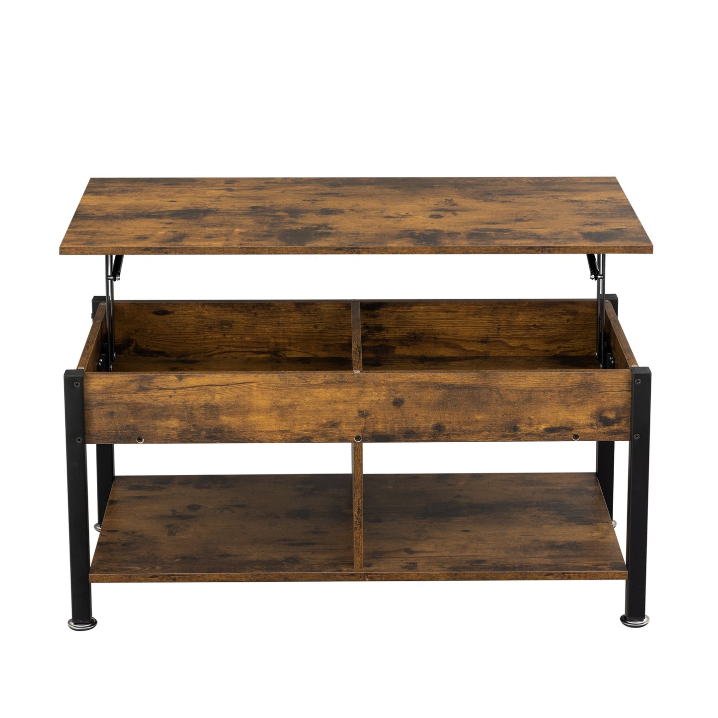 Metal coffee table,desk,with a lifting table,and hidden storage space.There were two removable wicker baskets that could be placed in any space such as the living room,color:brown with fire wood grain