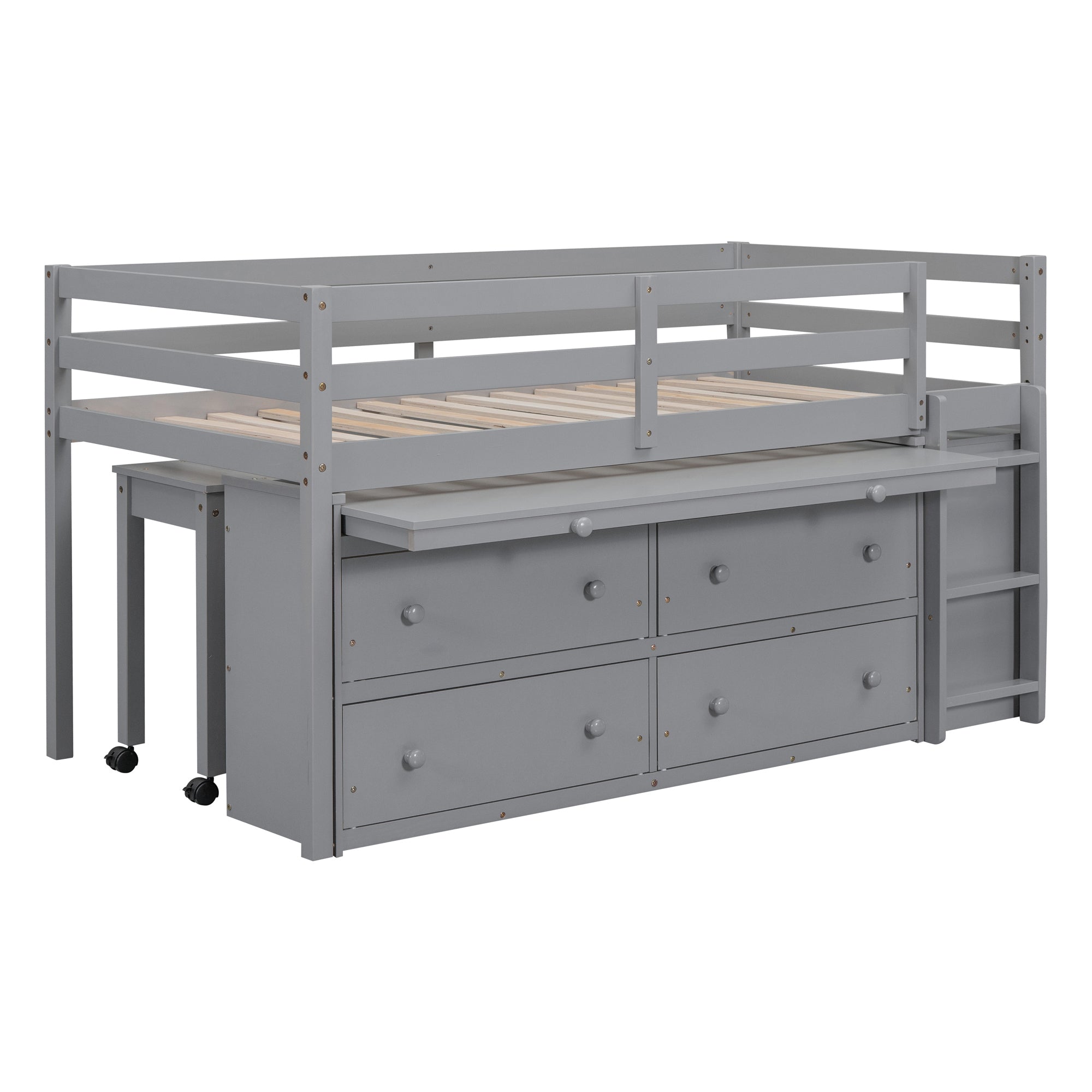 Twin Size Loft Bed with Retractable Writing Desk and 4 Drawers, Wooden Loft Bed with Lateral Portable Desk and Shelves, Gray