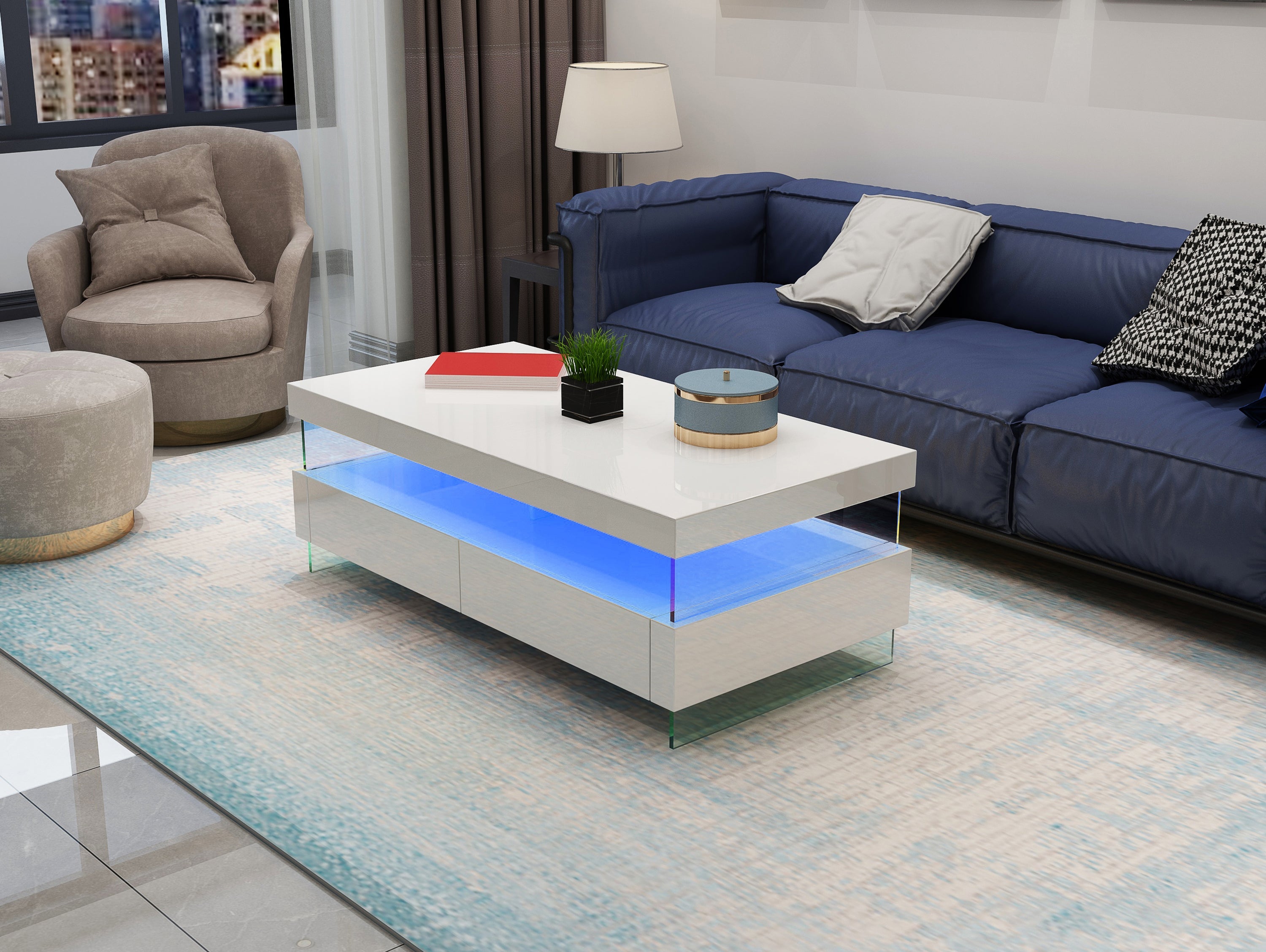 Ria Modern & Contemporary Style with LED Coffee Table Made with Wood & Glossy Finish in White Color