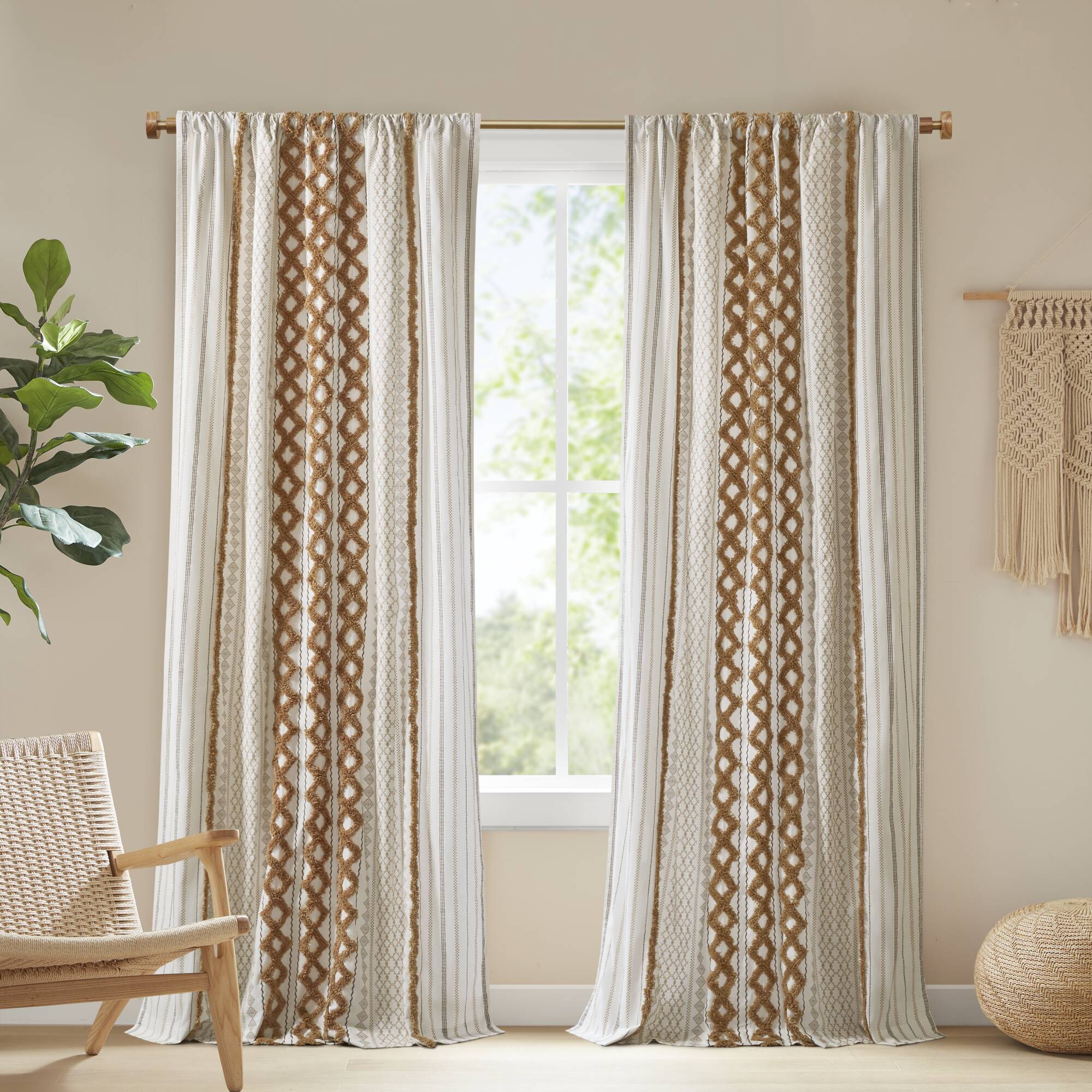 Imani - Printed Curtain Panel With Chenille Stripe And Lining - Terracotta