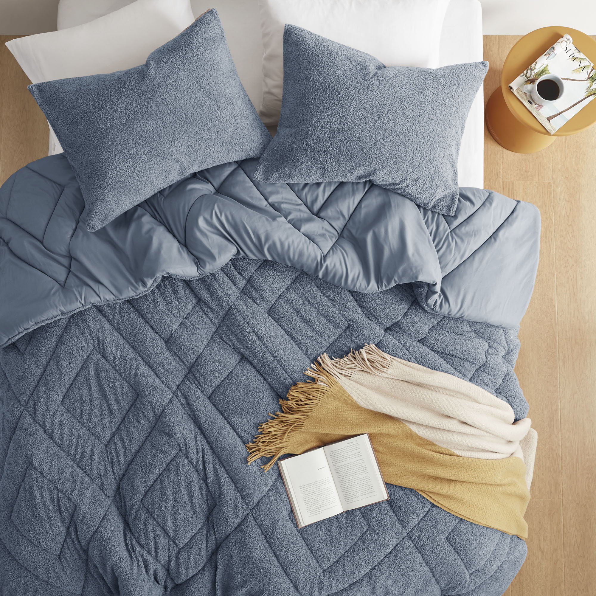 Kyla - Full/Queen Double Diamond Quilted Teddy Comforter Set - Blue