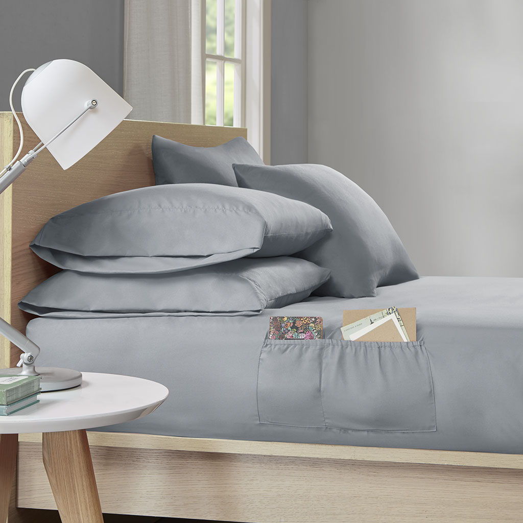 Microfiber - Twin Long Sheet Set With Side Storage Pockets - Gray