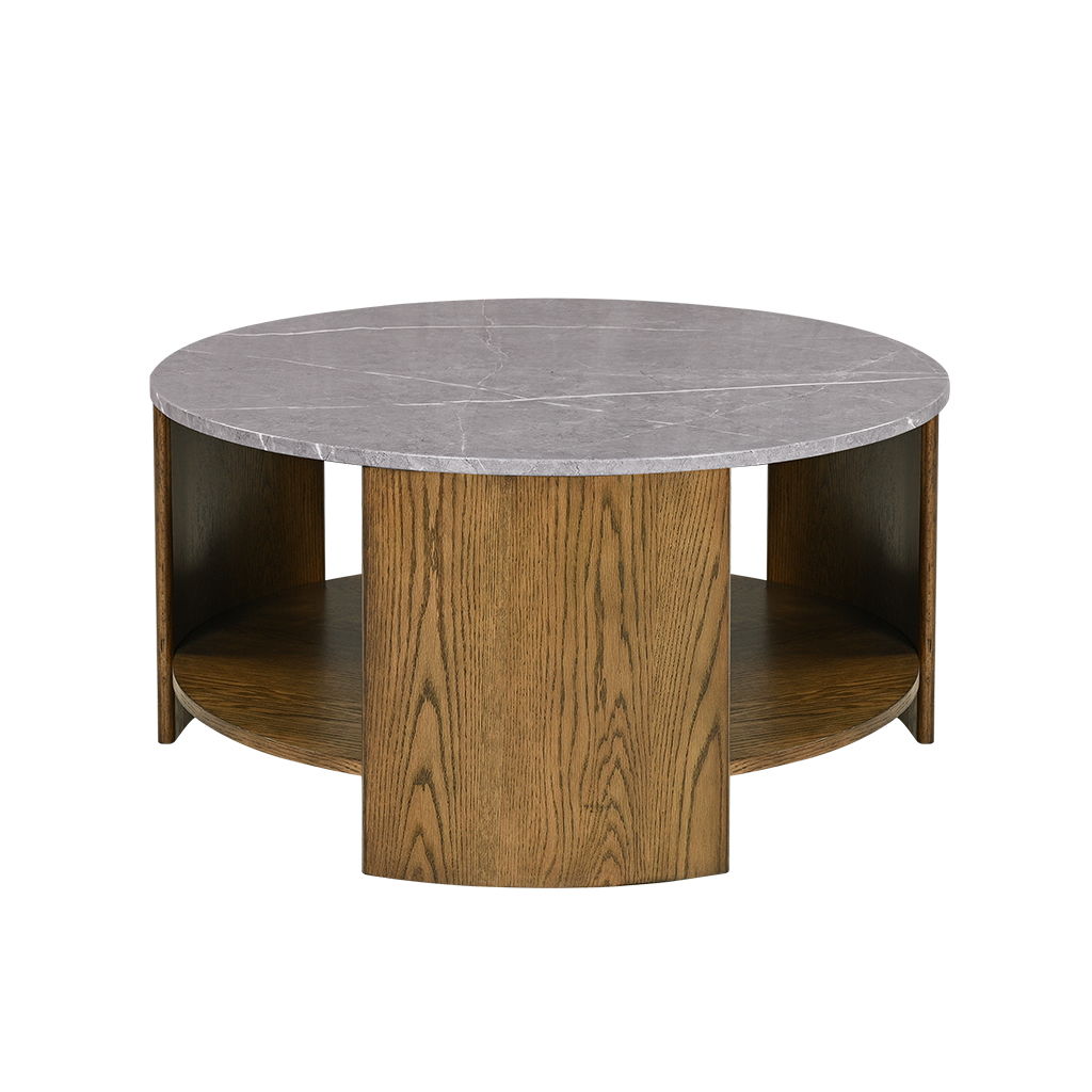 Keegan - Round Mixed Material Coffee Table With Shelf - Oak / Marble