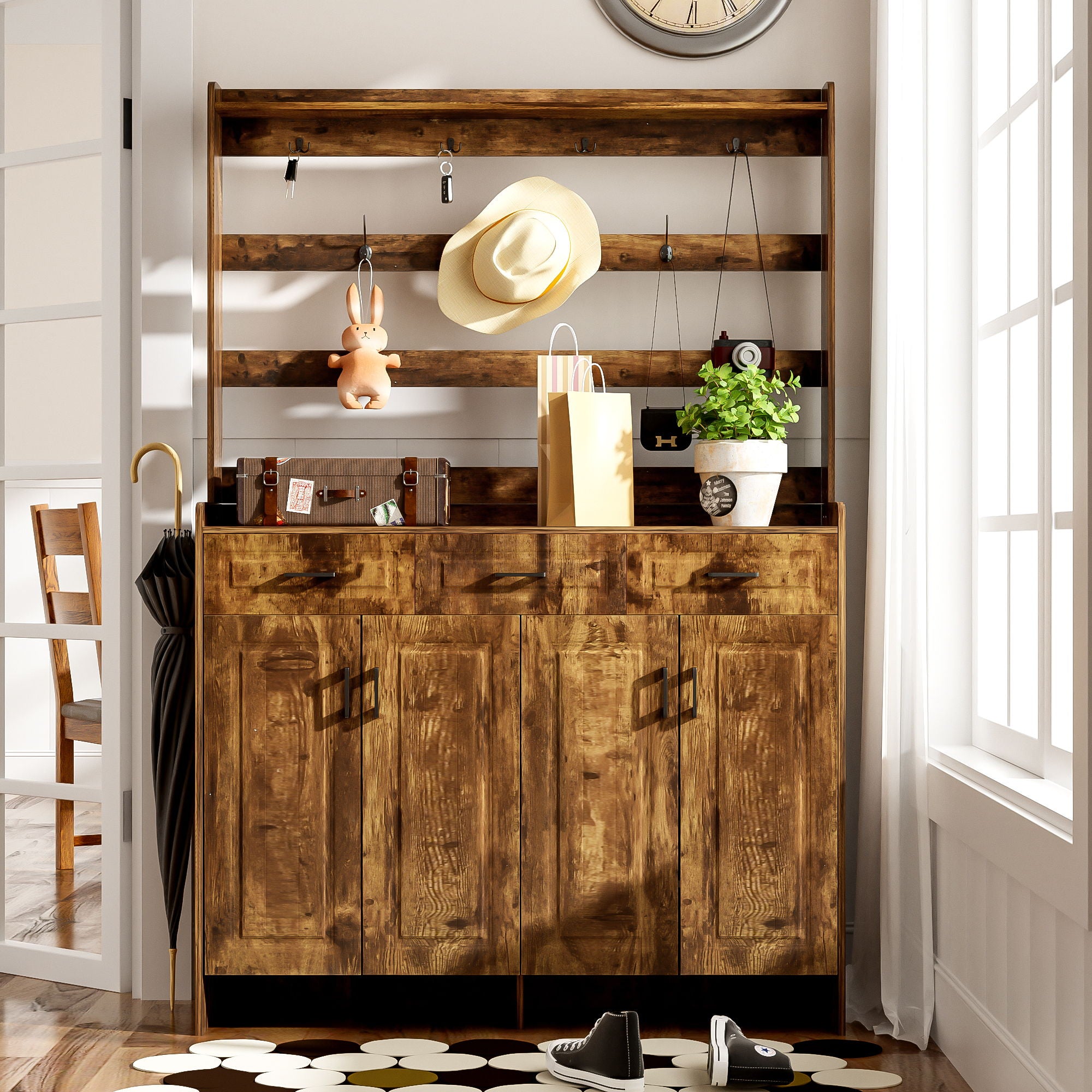 Minimalist 4 Door Shoe Cabinet With Coat Rack, 3 Drawers, 8 Shelves, Metal Hooks And Handles