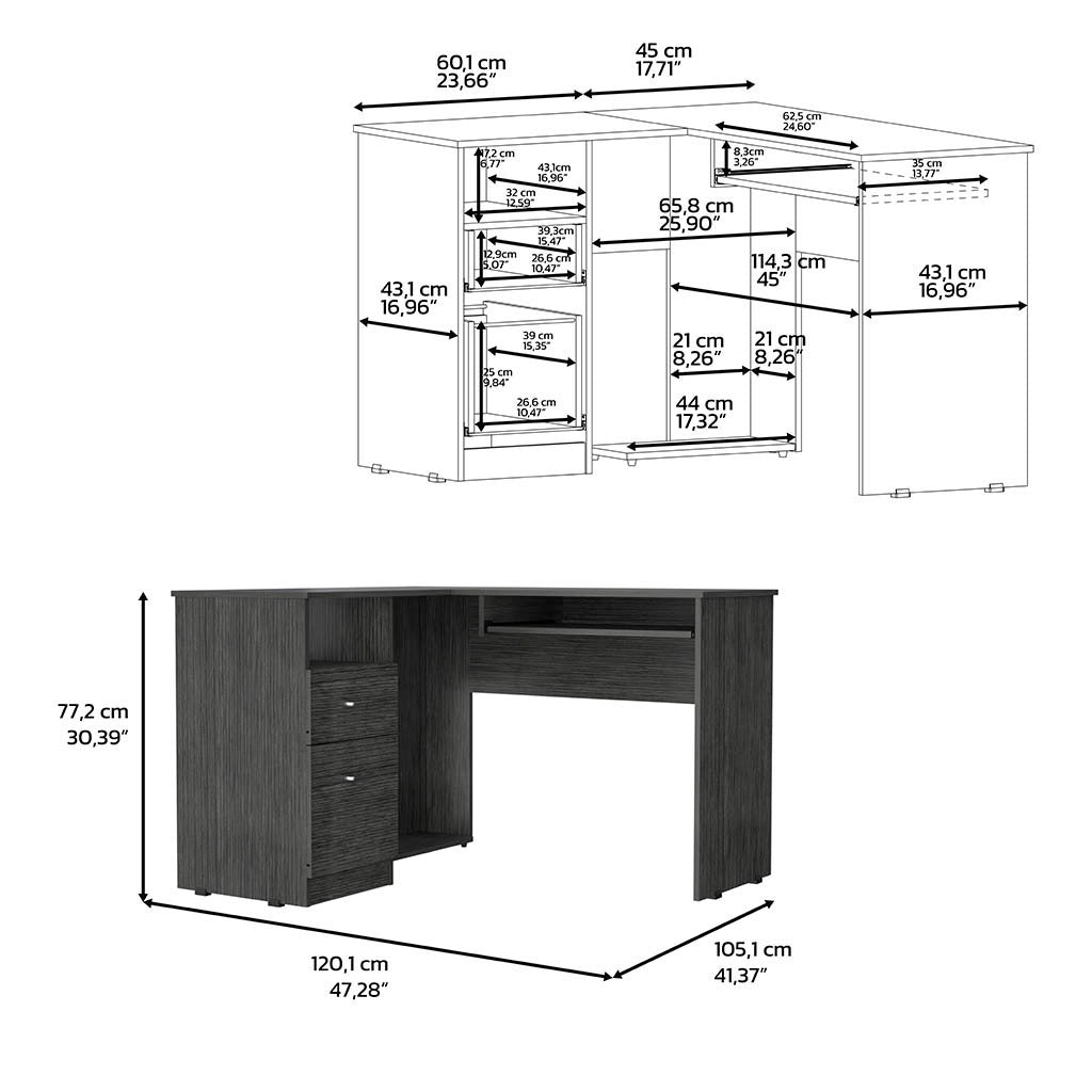 DEPOT E-SHOP Idra L-Shaped Desk, Keyboard Tray, Two Drawers, One Open Shelf, Smokey Oak