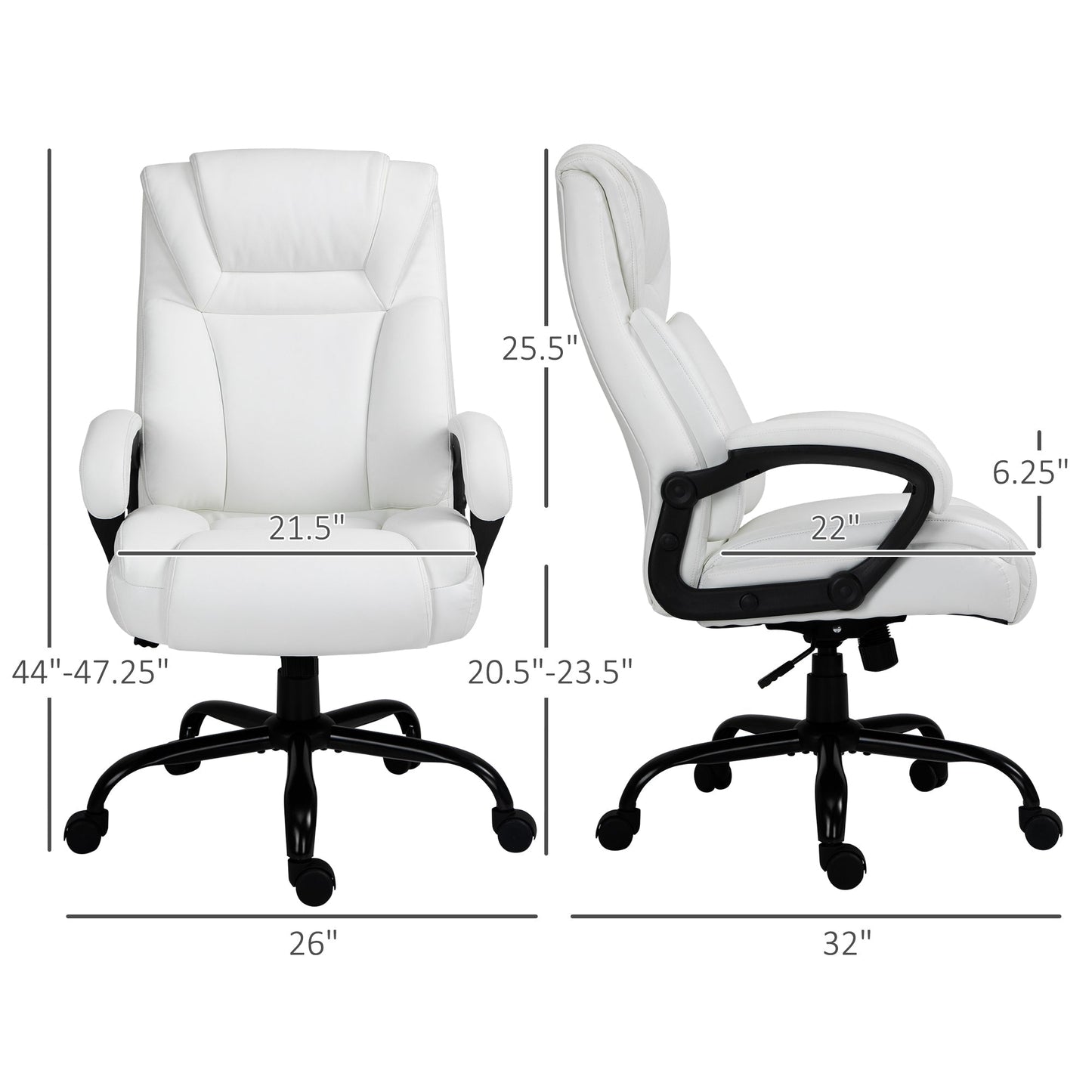 Big and Tall 400lbs Executive Office Chair with Wide Seat, Computer Desk Chair with High Back PU Leather Ergonomic Upholstery, Adjustable Height and Swivel Wheels, White