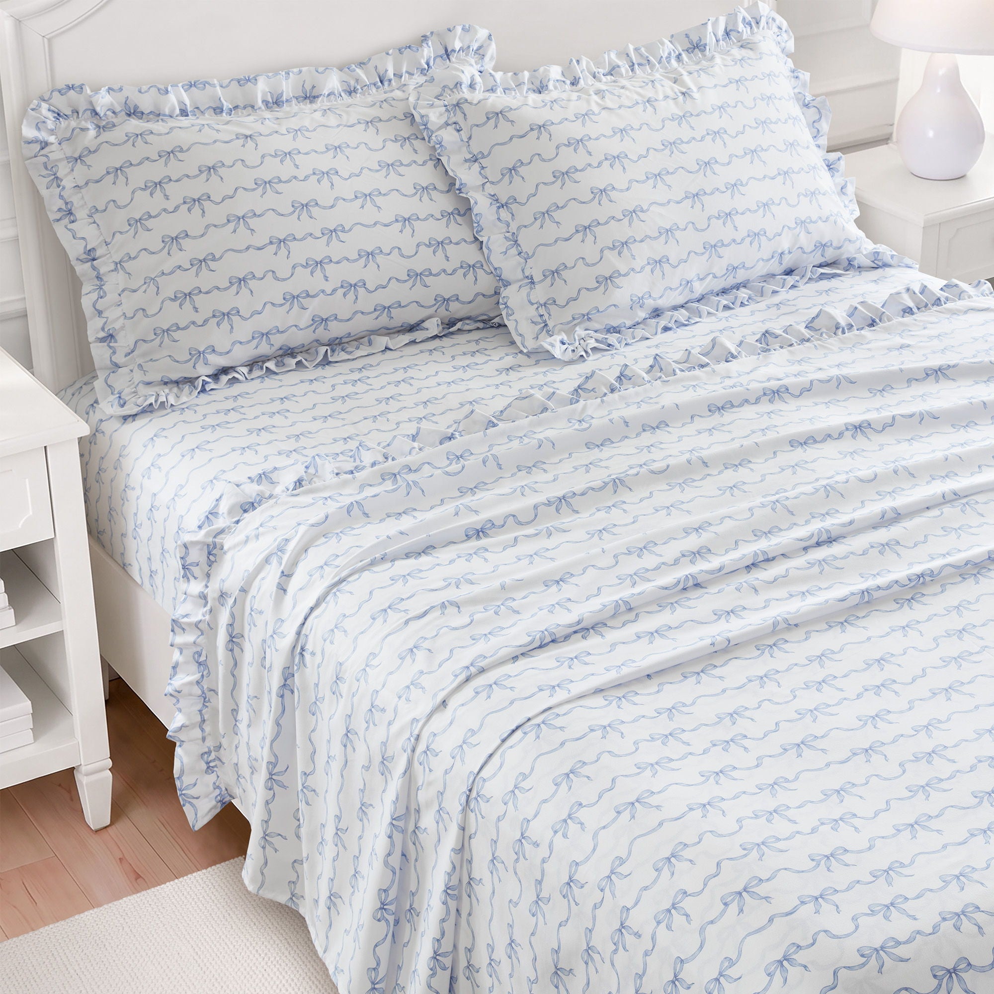 Microfiber Ruffle - Twin Long Sheets - Blue Bow