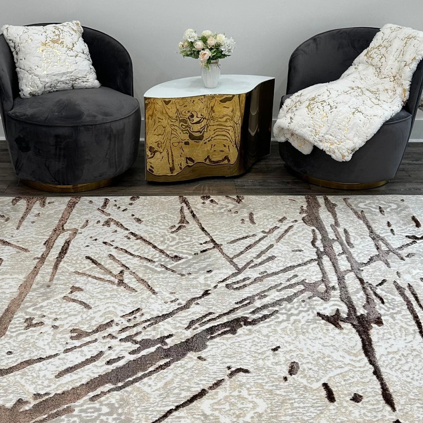 Shifra Luxury Area Rug in Beige and Gray with Bronze Abstract Design