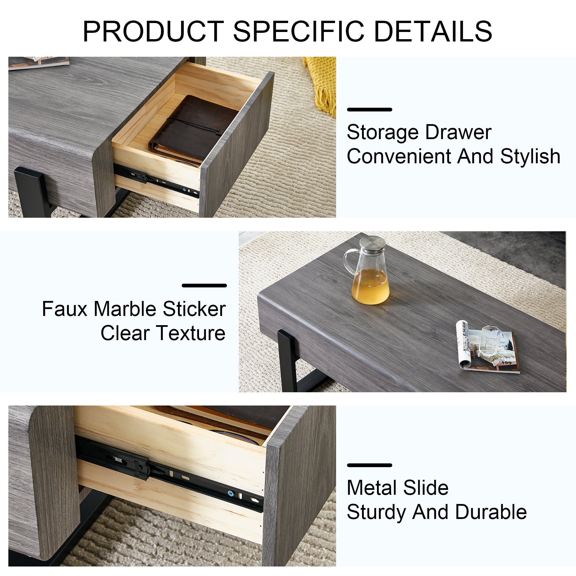 A coffee table made of MDF material. Equipped with drawers made of solid wood material. Can store things and save space. Paired with black metal table legs. Suitable for living room.