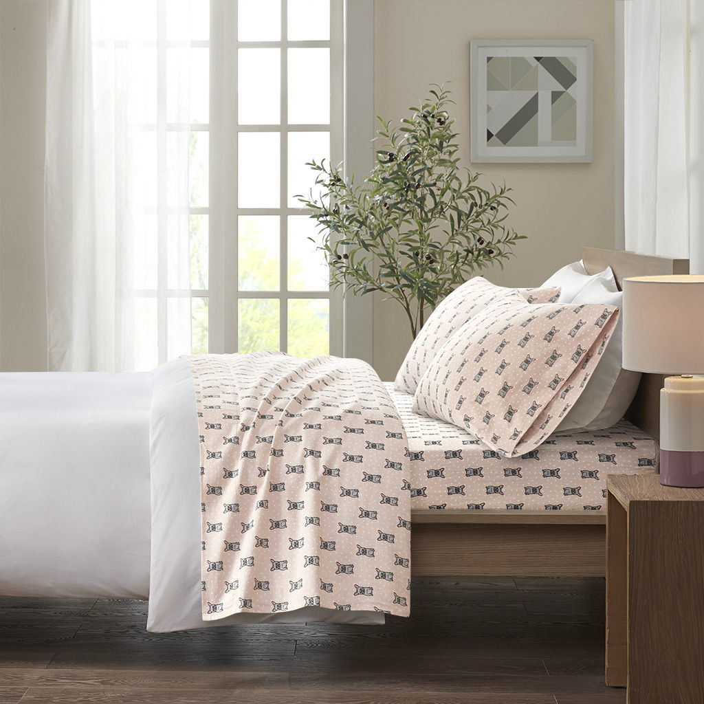 Cozy Flannel - King Printed Sheet Set - Pink French Bulldog