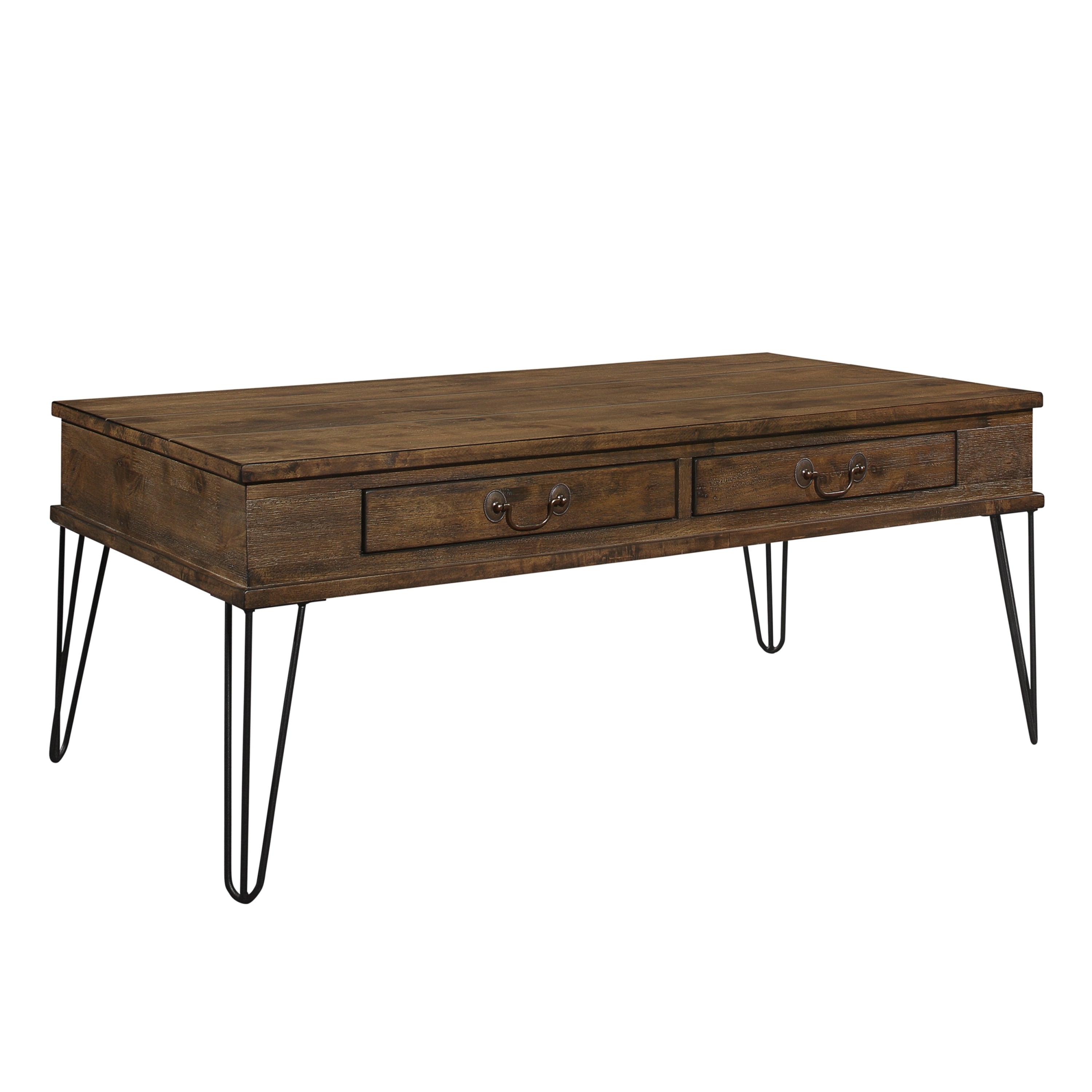 Rustic Oak and Black Finish Classic Rectangular Cocktail Table with 2 Drawers Metal Legs Solid Wood Living Room Furniture 1pc