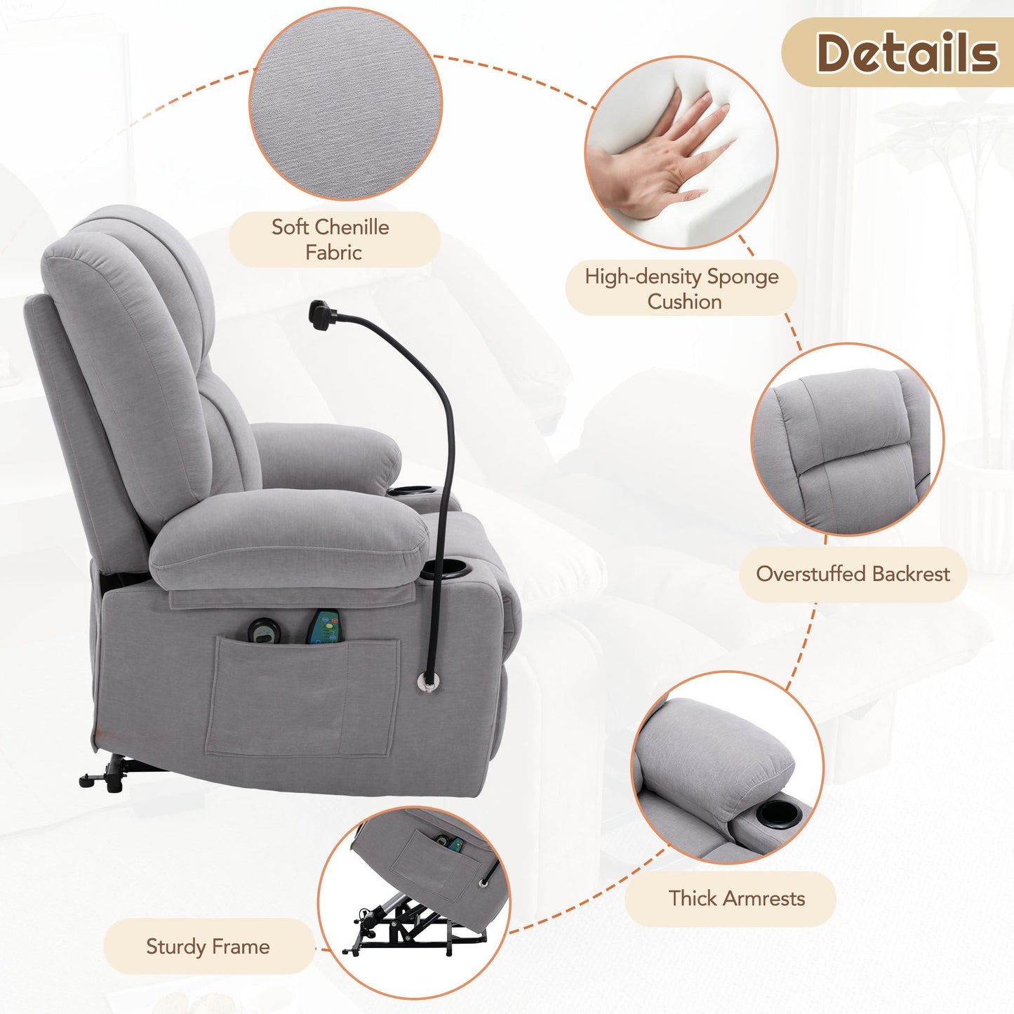 Power Lift Recliner Chair Electric Recliner for Elderly Recliner Chair with Massage and Heating Functions, Remote, Phone Holder Side Pockets and Cup Holders for Living Room, Grey