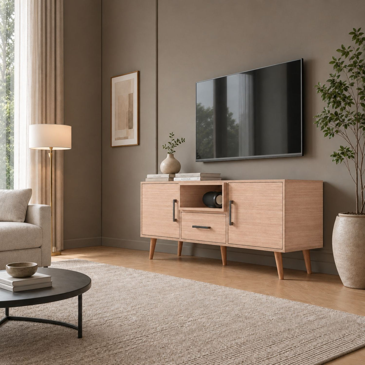 TV Stand For TVs Up To 60" With 2 Doors, 1 Drawer And 1 Open Shelf - Walnut