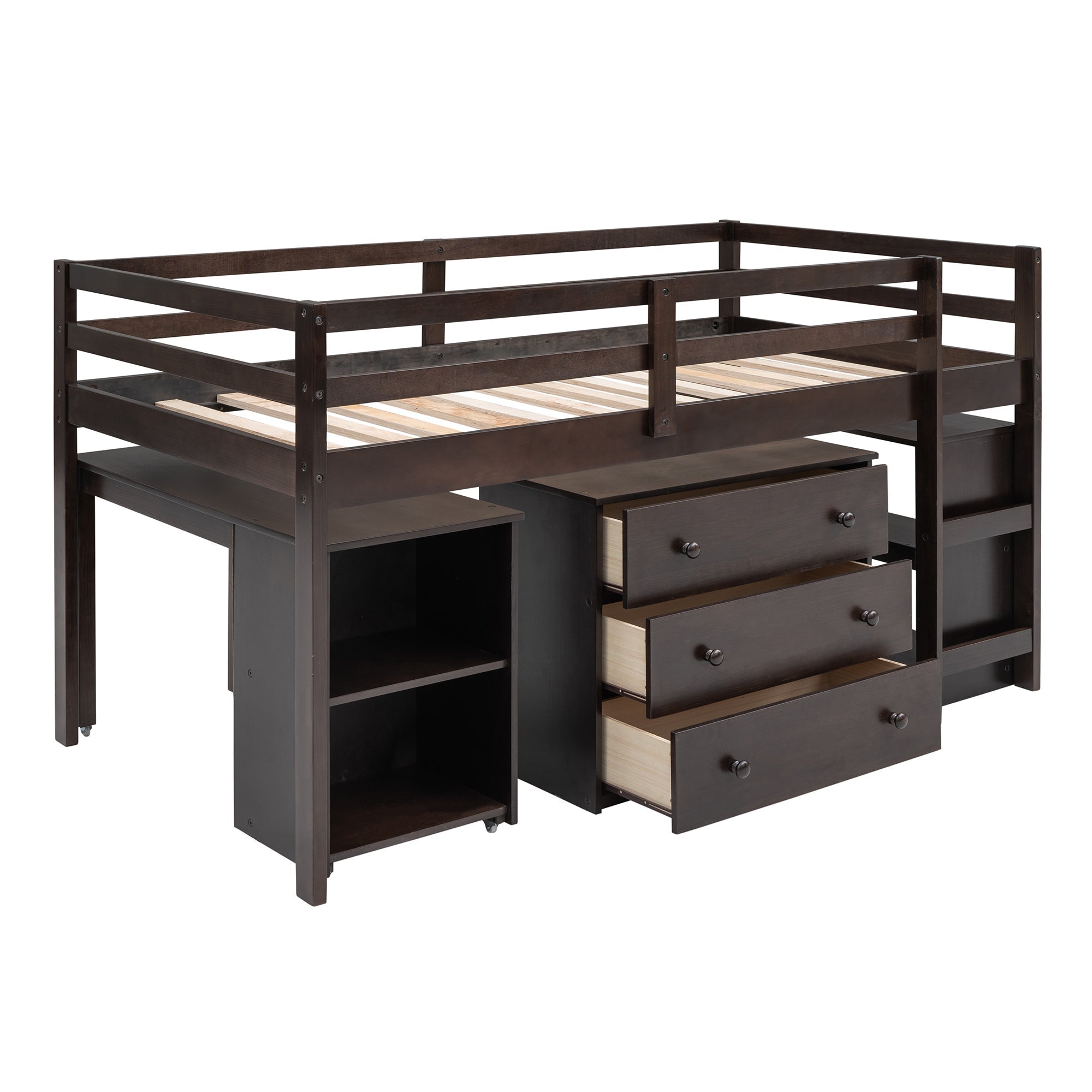 Low Study Twin Loft Bed with Cabinet and Rolling Portable Desk - Espresso (OLD SKU :LP000113AAP)