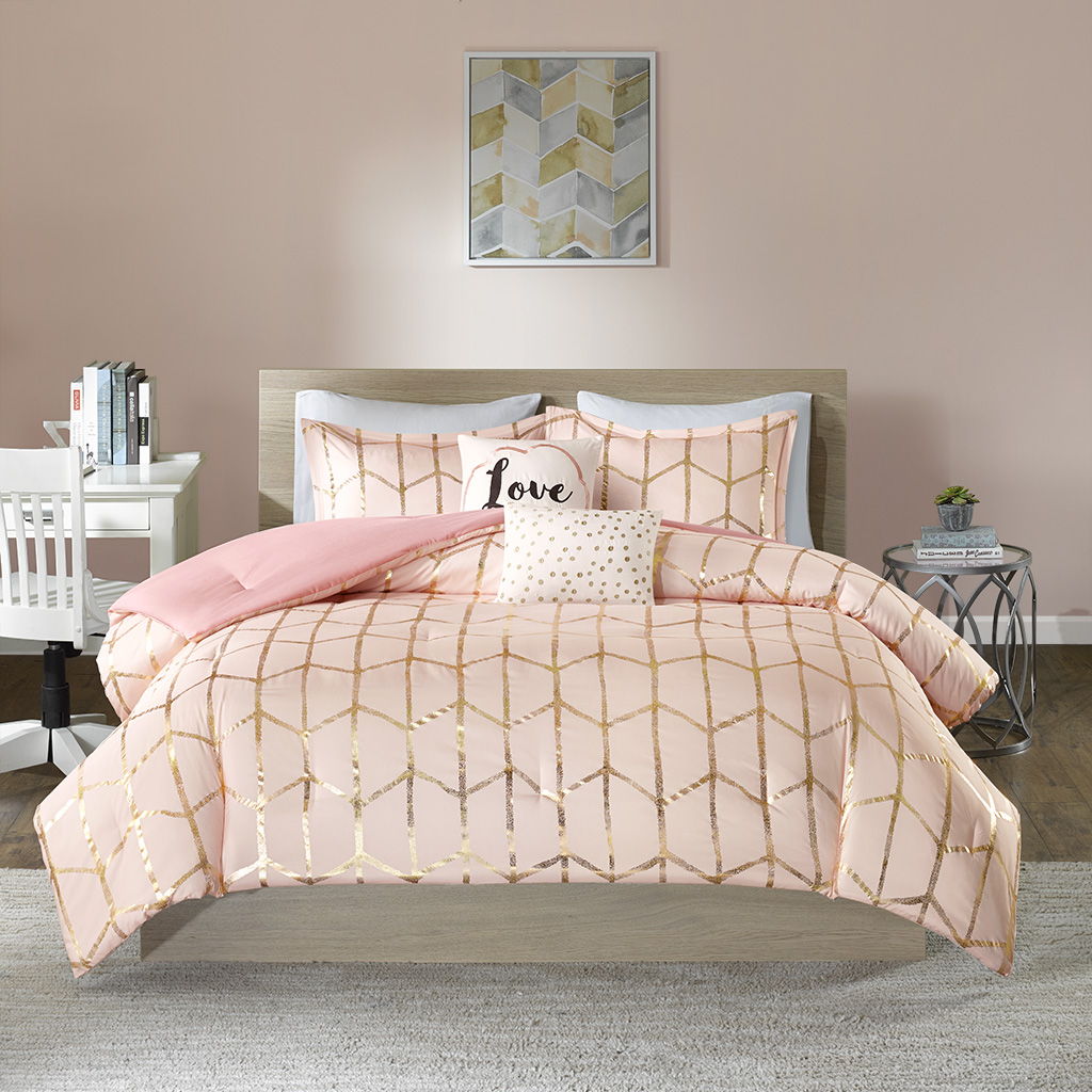 Raina - Metallic Printed Comforter Set - Blush / Gold