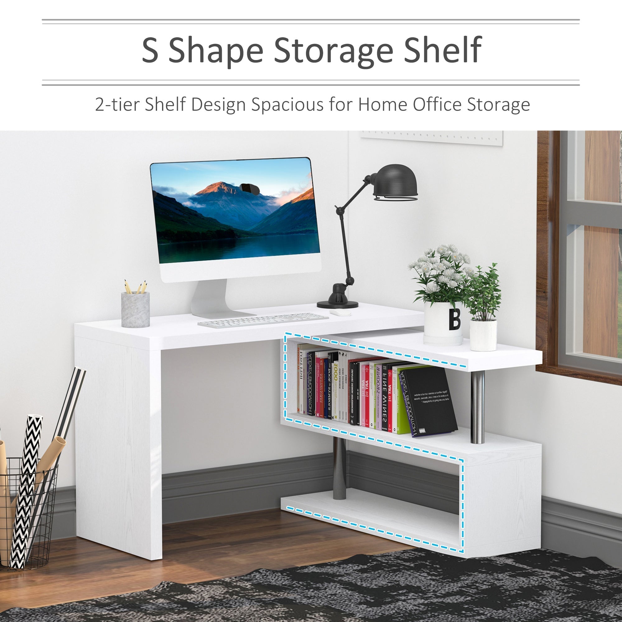 360 Degree Rotating Corner Computer Desk, L Shaped Desk, Home Office Workstation with 3-Tier Storage Shelves, White