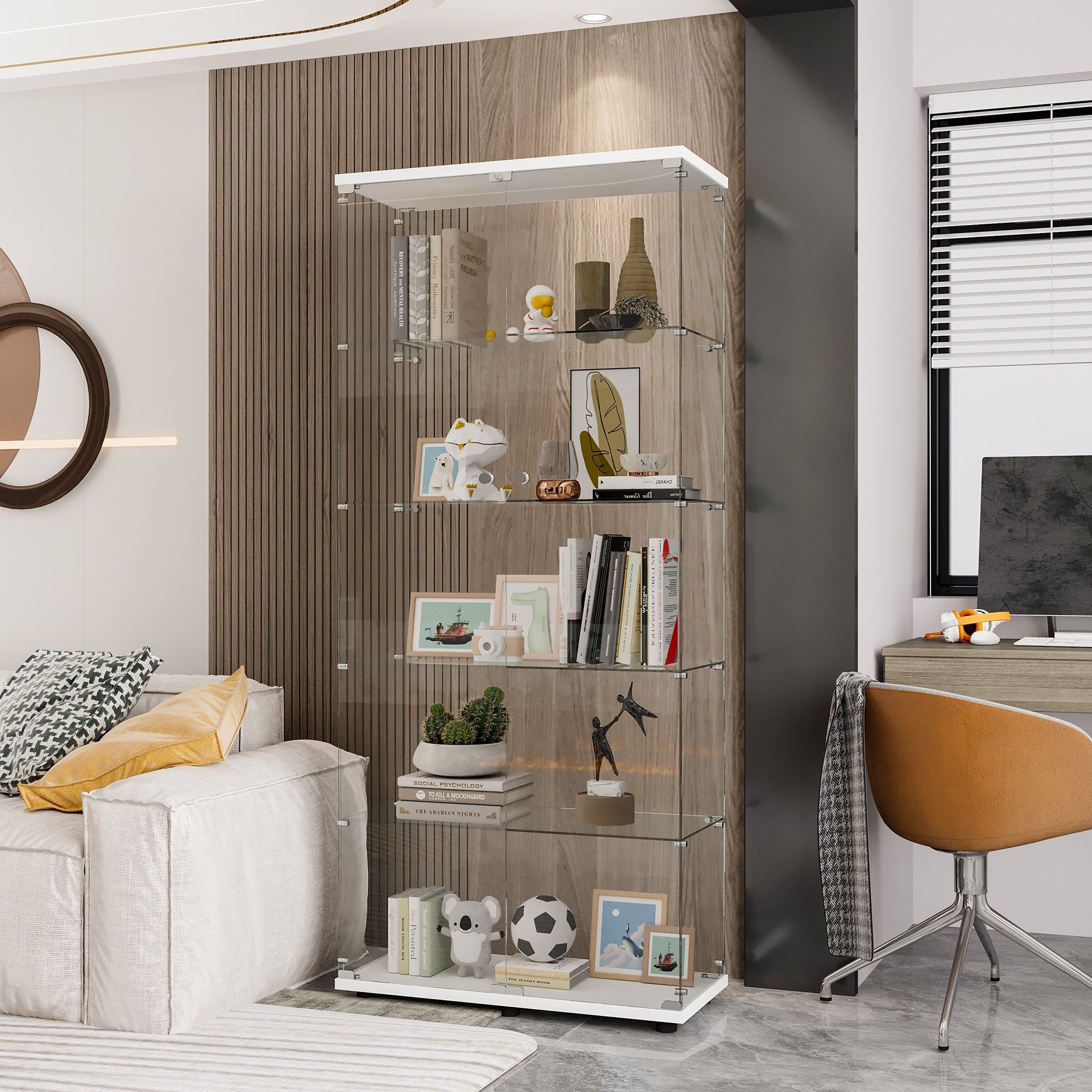 Glass Display Cabinet with 5 Shelves Double Door, Curio Cabinets for Living Room, Bedroom, Office, White Floor Standing Glass Bookshelf, Quick Installation