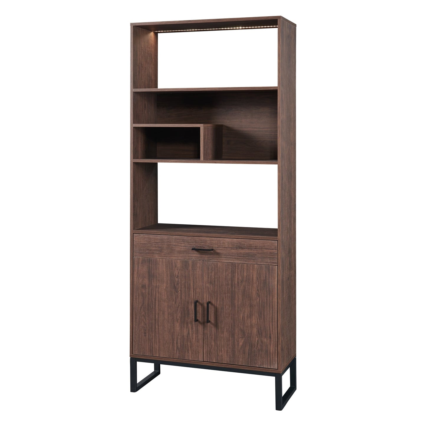 75.9"Modern Open Bookshelf with Doors, Bookcase with Storage drawer and LED Strip Lights,Free Standing Display Rack,Wooden Tall Bookshelf for Living Room and Office, Walnut