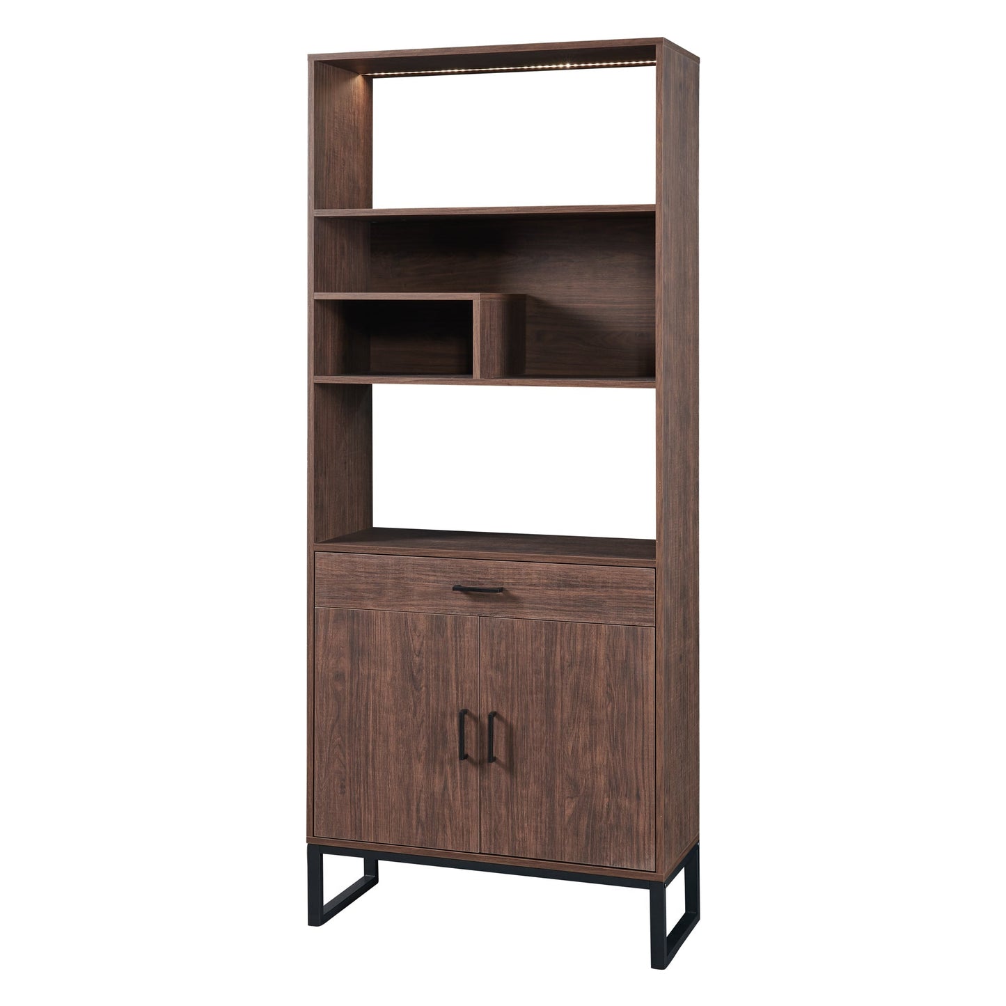 75.9"Modern Open Bookshelf Suite with Doors, Bookcase Suite with Storage drawers and LED Strip Lights,Free Standing Display Rack,Wooden Tall Bookshelf Suite for Living Room and Office, Walnut