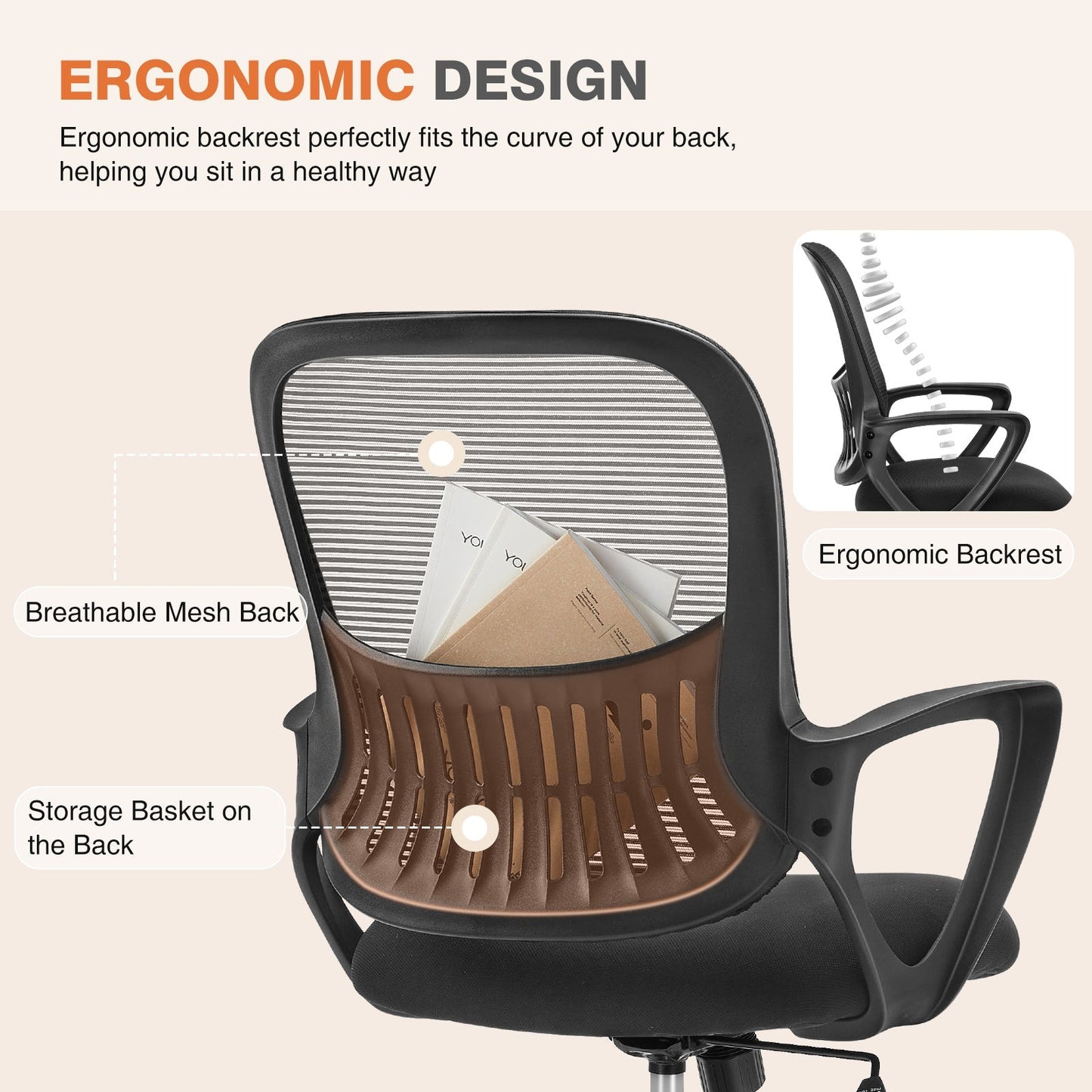Sweetcrispy Ergonomic Office Chair Home Desk Mesh Chair with Fixed Armrest Executive Computer Chair with Soft Foam Seat Cushion
