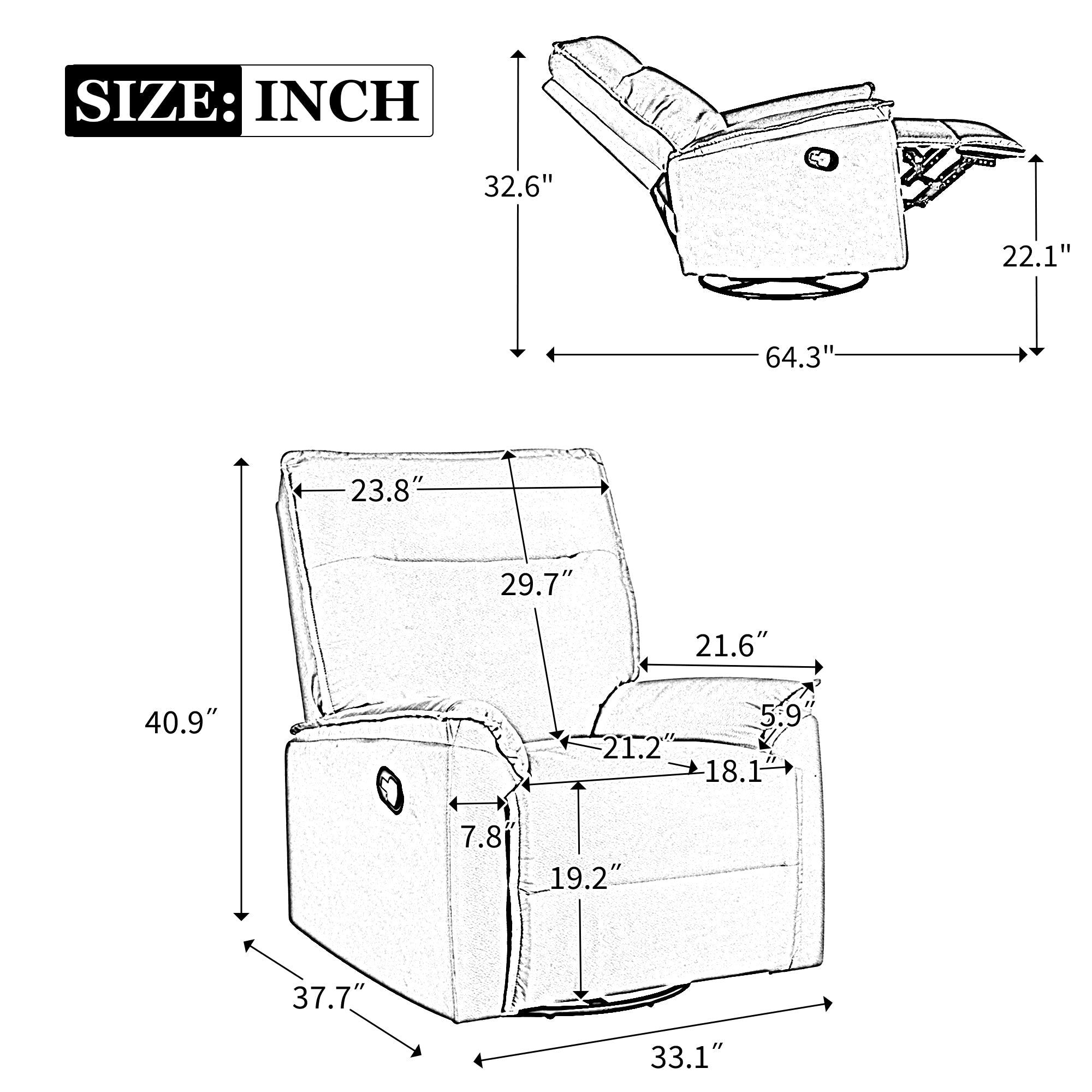 360 Degree Swivel Recliner Manual Recliner Chair Theater Recliner Sofa for Living Room, Grey