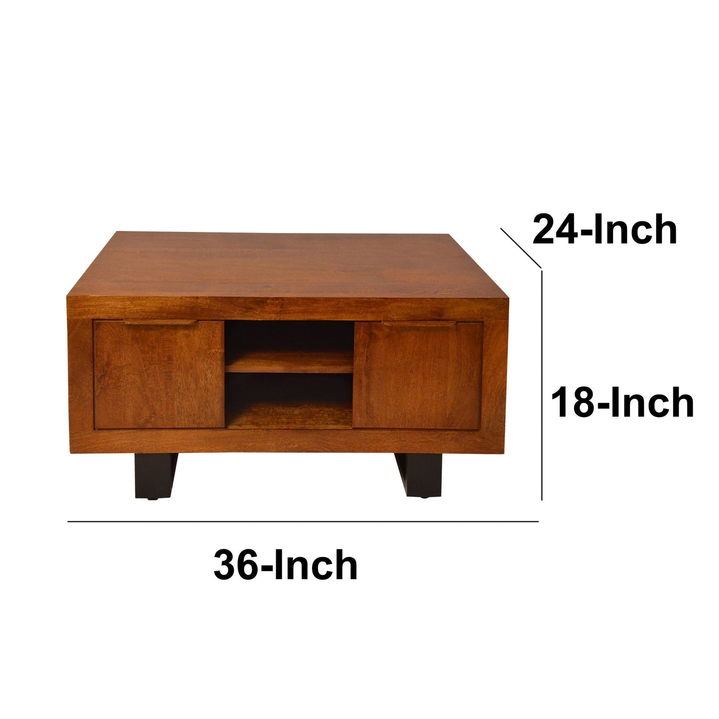 36 Inch Wooden Industrial Coffee Table with Open Compartments and Sled Base, Brown