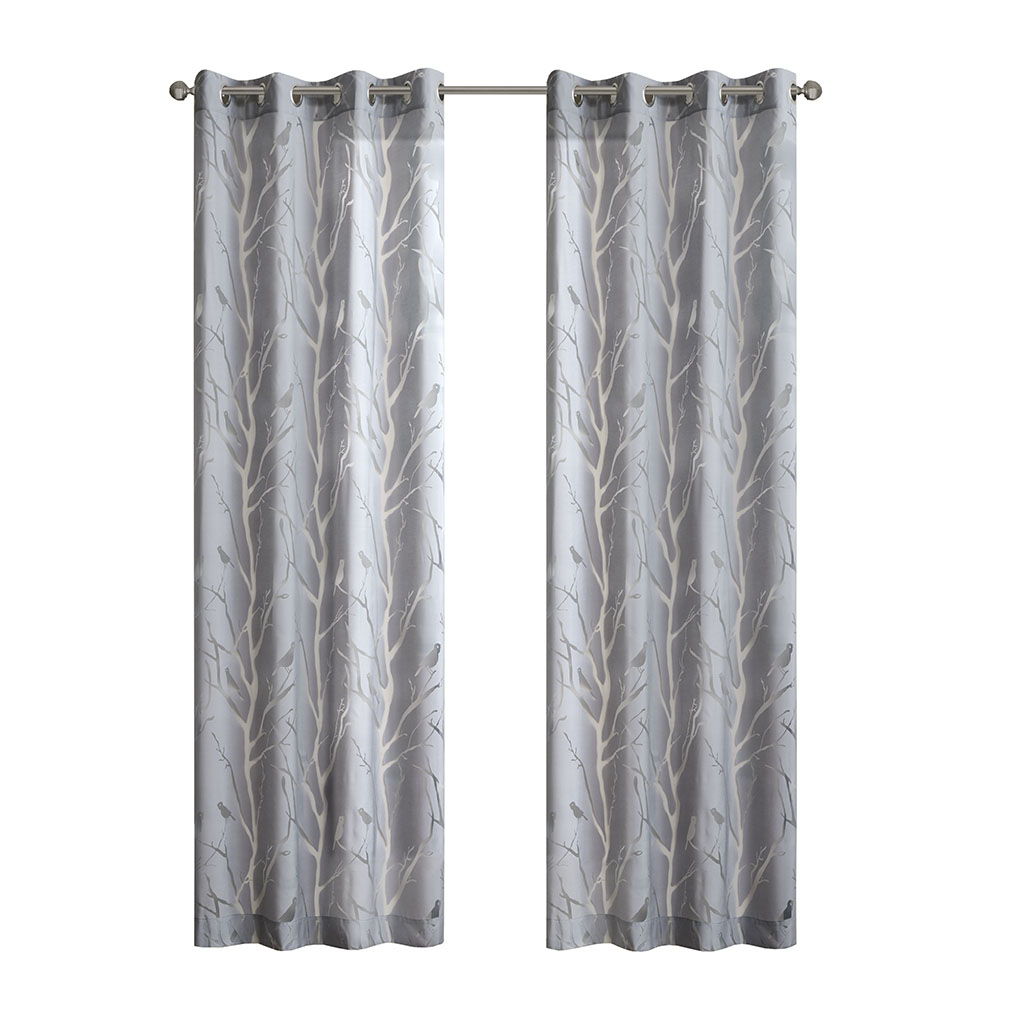 Averil - Grommet Top Sheer Bird On Branches Burnout Window Curtain - Gray