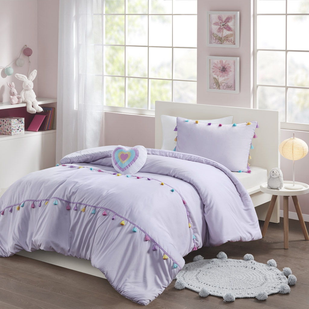 Tessa - 3 Piece Twin Tassel Comforter Set With Heart Shaped Throw Pillow - Lavender