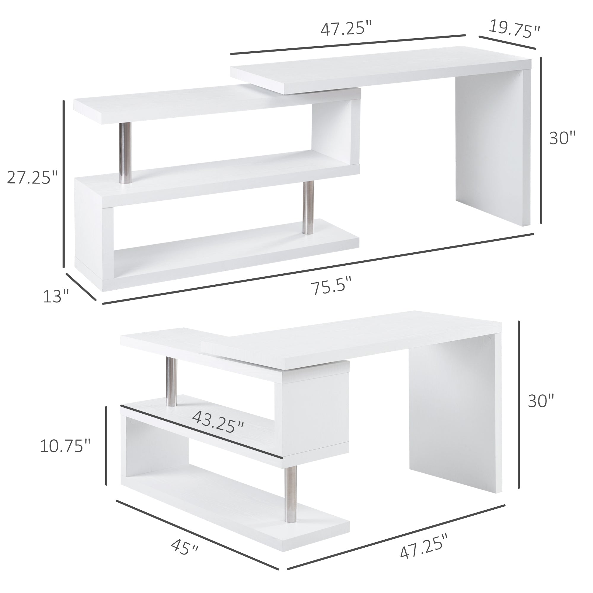 360 Degree Rotating Corner Computer Desk, L Shaped Desk, Home Office Workstation with 3-Tier Storage Shelves, White