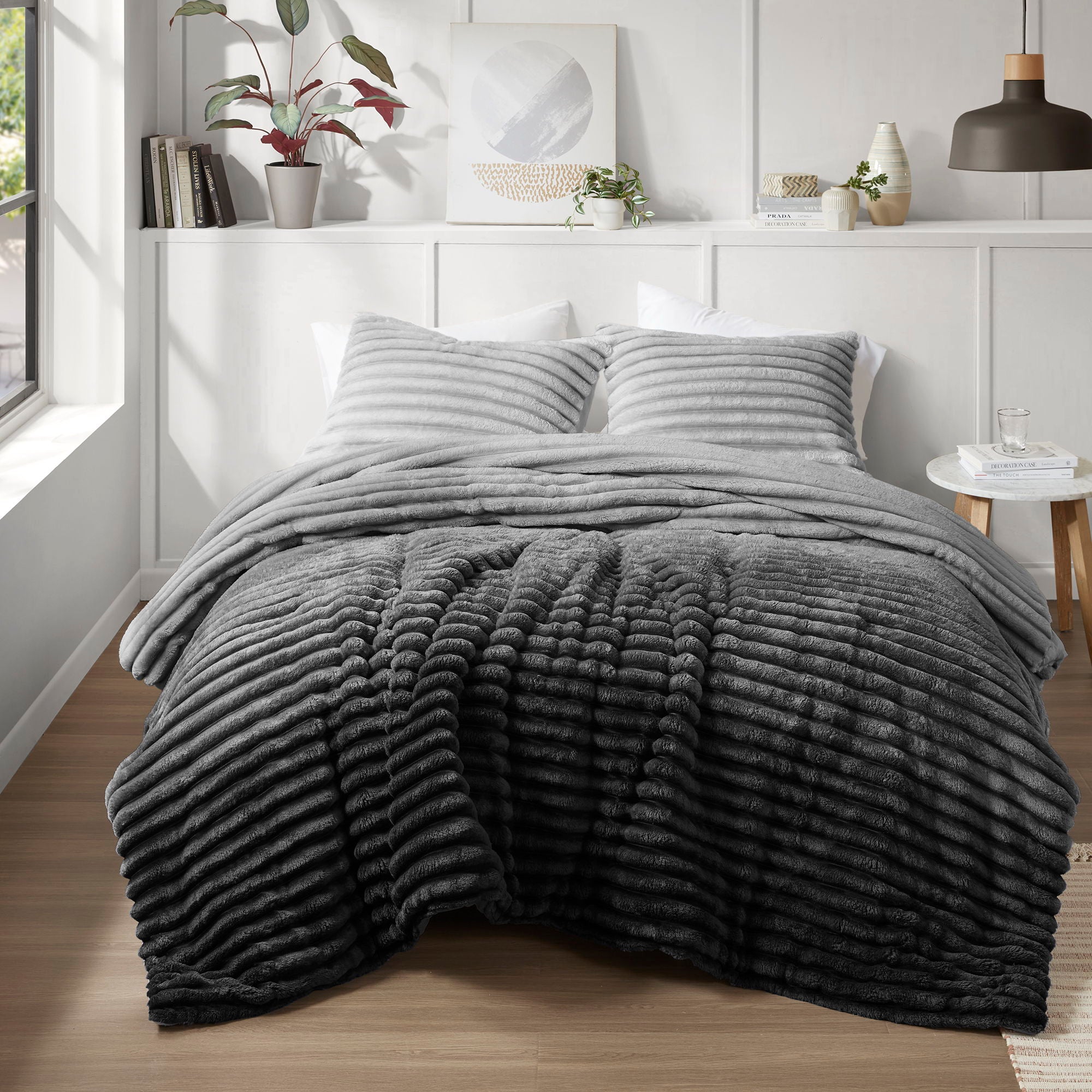 Avril - King/California King Fluffy Ribbed Plush Comforter Set - Gray Ombre
