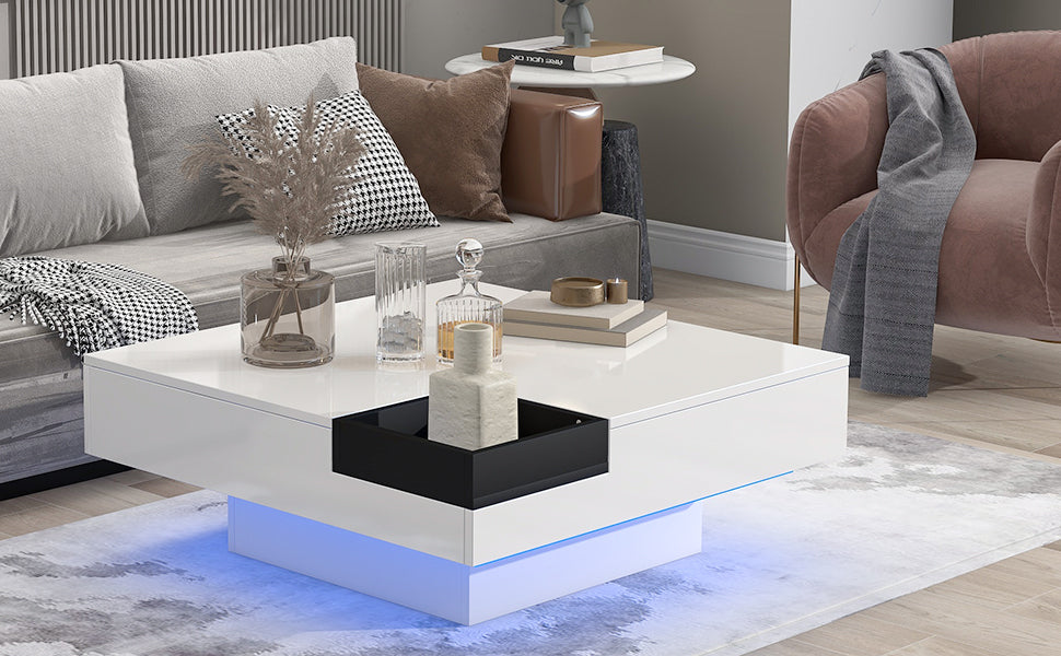 Modern Minimalist Design 31.5*31.5in Square Coffee Table with Detachable Tray and Plug-in 16-color LED Strip Lights Remote Control for Living Room( OLD SKU: WF291303AAK )