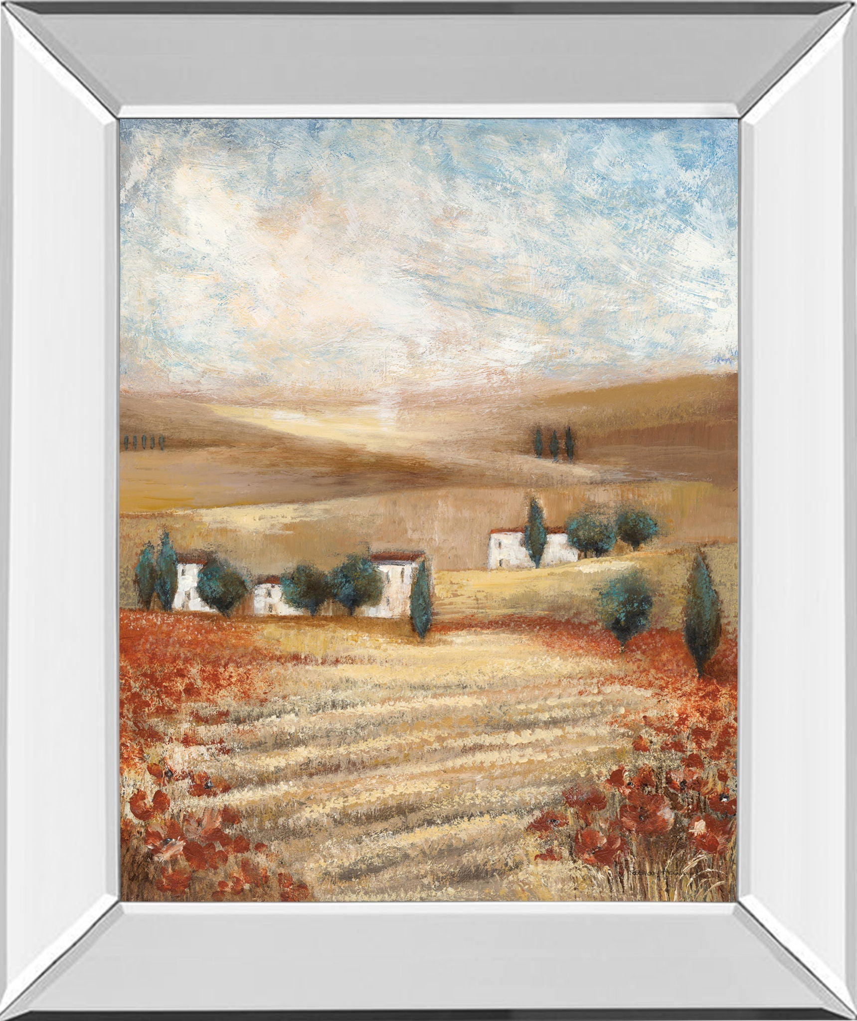 Mirrored Frame Hilltown Landscape I By Rosie Abrahams - Light Brown